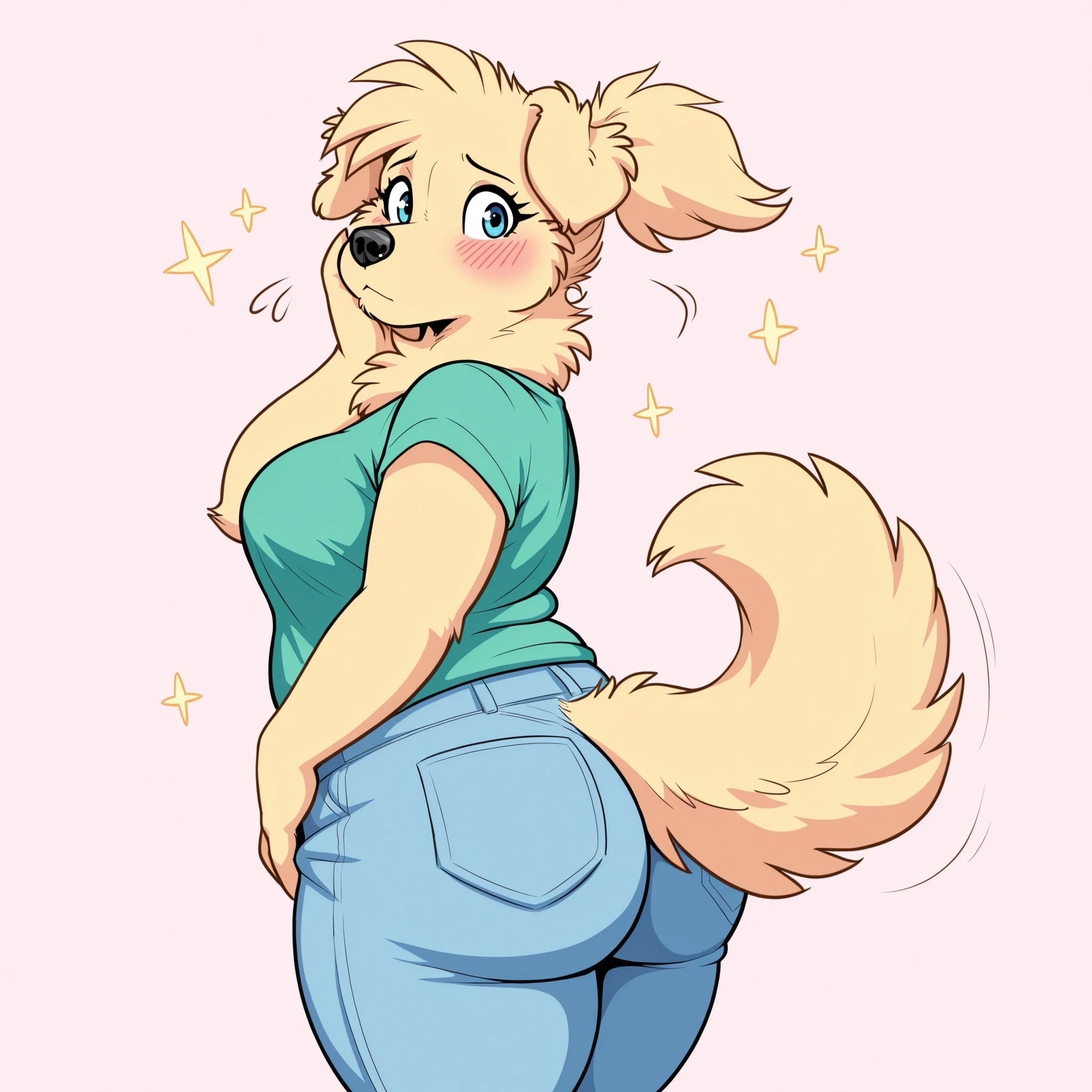 masterpiece, best quality, amazing quality, anthro golden retriever, 1girl, solo, simple background, pastel colours, wind, spring, stars, young, eyelashes, blue eyes, fur, medium breasts, wide hips, chubby thighs, thick arms, shy, blushing, looking at viewer, very short hair, wide body, fluffy neck, fluffy chest, chubby girl, fat, fat butt, green t-shirt, showing shoulders, narrow shoulders, hand at cheek, hand at hip, blue jeans, from behind, from side, (dog tail), short ponytail, short girl