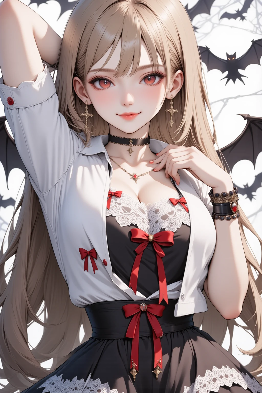 (Highest quality,Very detailed,High resolution:1.2),One Girl,Gray Hair,The most beautiful girl in human history,(1 photo from the front)、暗い red eyes (暗いred eyes:1.1),さみし気なaura(aura:1.1),(mysterious,Ghostly:1.1) atmosphere,Looks like half a demon,(Demonic traits,Demonic traits),(Elaborate,wonderful) Earrings,Small Ass,Long and beautiful legs、Semi-long hair up to the shoulders, ((Upper Body Shot)), (Focus on the chest and face),D-cup beautiful breasts、Clear Eyes、Are standing、My cheeks are a little red,((White shirt and blazer))、((Long skirt that hides the knees))、Huge bat-like wings growing from his shoulders.,A big full moon shines in the dark night sky、No exposure