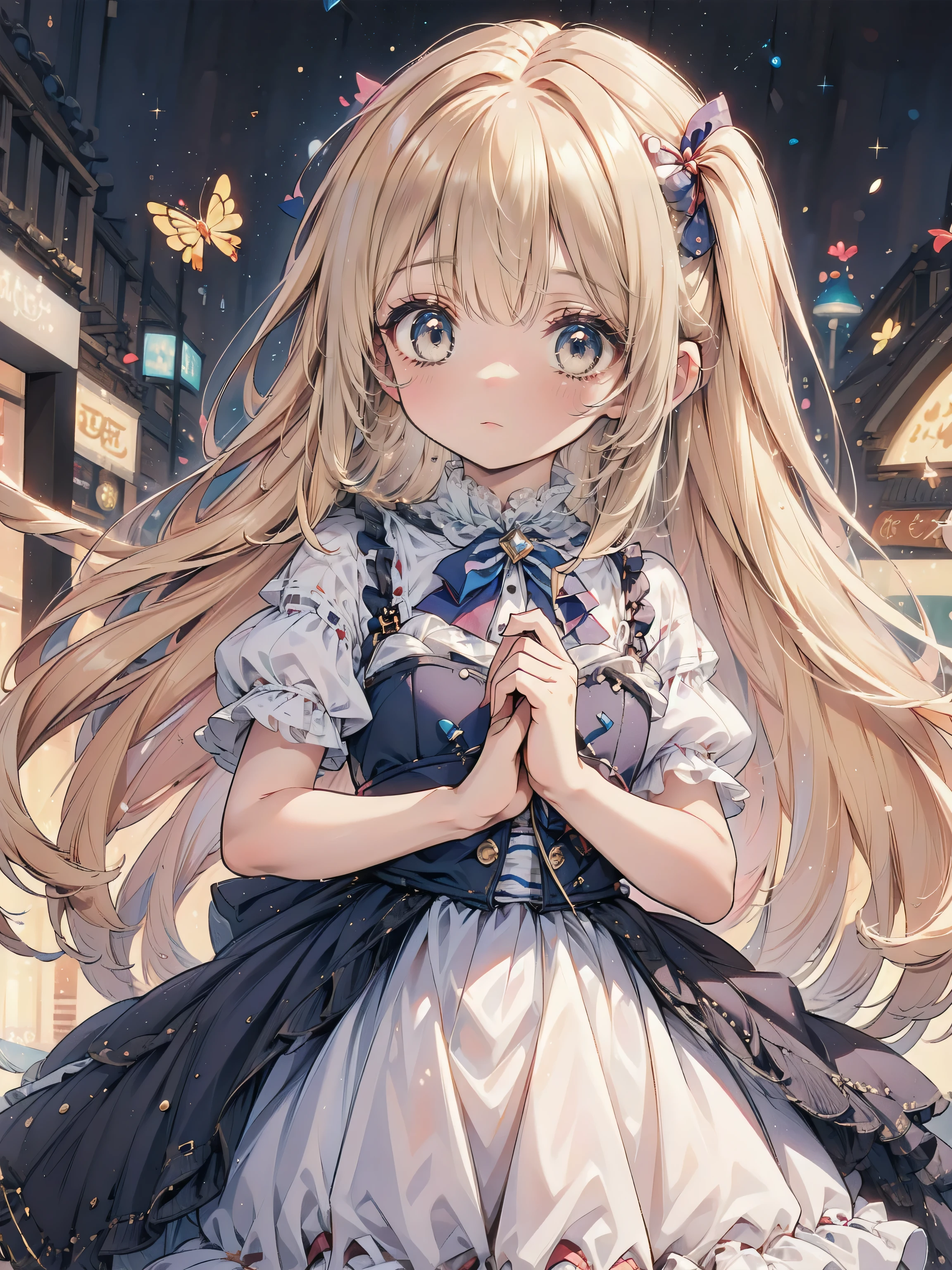 Dots are、明るいピンクの頬、she has golden blonde hair with wavy bangs.、she'dark-skinned girl, she is wearing a bright red headband with a ribbon on the right side of her head.. Dots are、she wears a shiny pastel blue and scarlet red dress with a small ribbon belt around her waist。, white collar, 4 crimson buttons, Bright red lining. sheのドレスの下には赤と淡いブルーのチュールスカートがある.. she also、Red top with white socks、she is wearing carnation pink high-top sneakers with bright red shoelaces, Shine; glitter, (NSFW:1.4), (1girl), (flat chest:1.2),