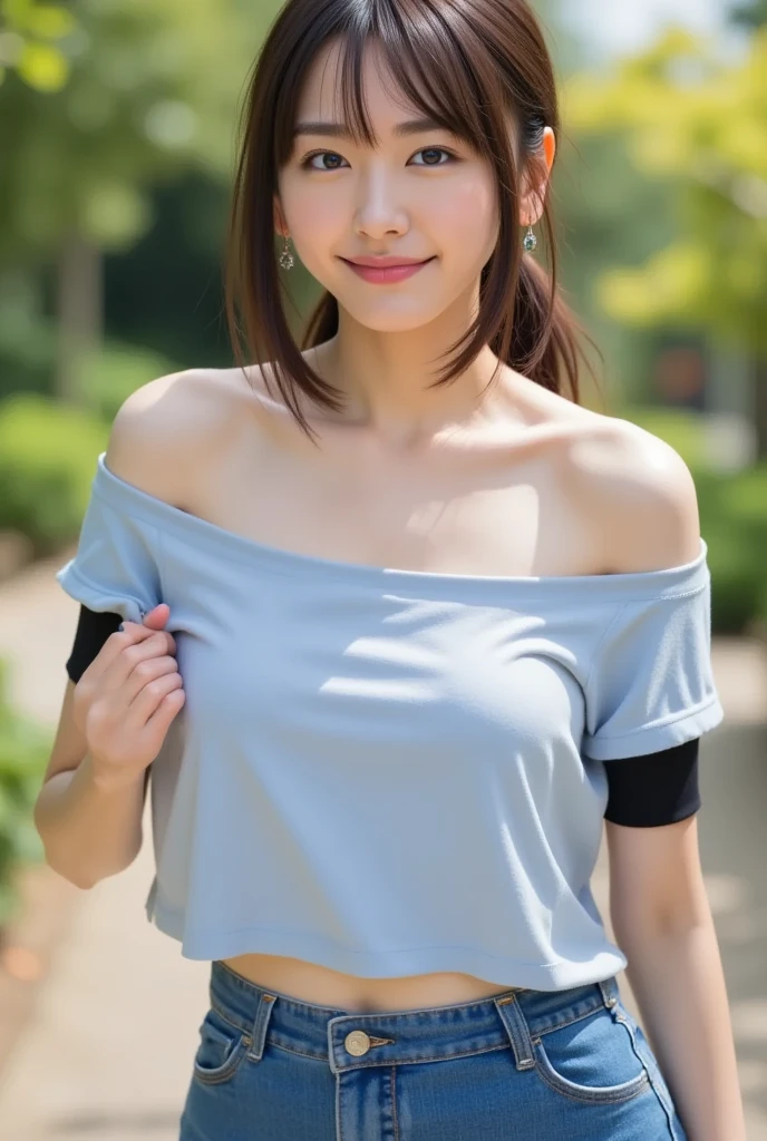 18-year-old, adorable, British girl, 18-year-old, portrait ,Tank top((mini skirt))、Thighs Thighs Nose:1.1), hair scrunchie, Beautiful ponytail  , (high color saturation,catch light:1.0),  (highly detailed skin), (highest quality:1.0), (ultra high resolution:1.0) ,(realistic:1.0), (Super detailed:1.0), (8K, RAW photo:1.1),( smile:0.8),looking at the viewer(((lift the skirt))(