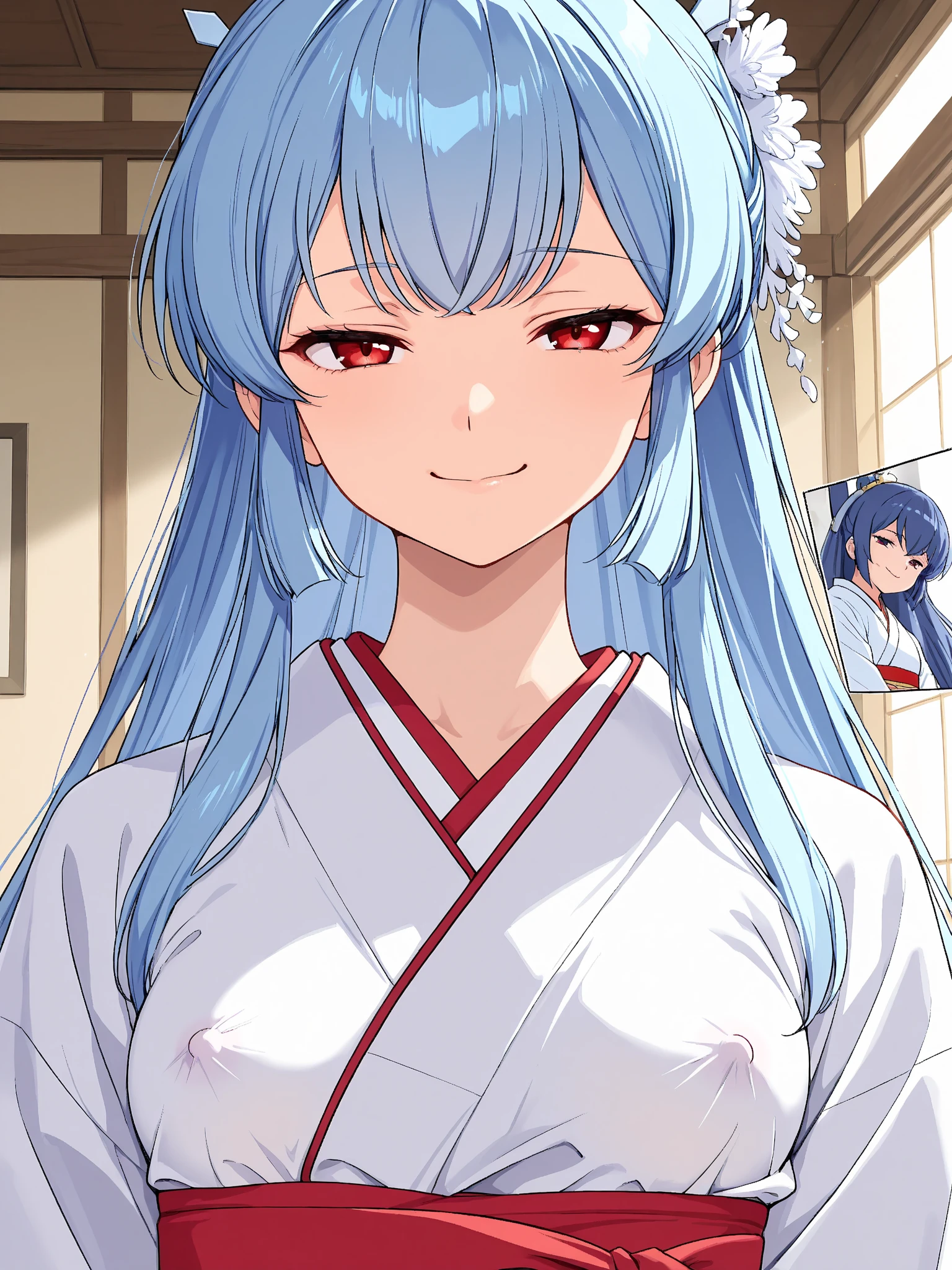 ((masterpiece)), ((best quality)), (ultra-detailed), on the bed, a cute girl, 1girl, solo, kimono, japanese cloth, ((beautiful eyes)), light smile, ((open chest)), ((cute nipples)), small breast