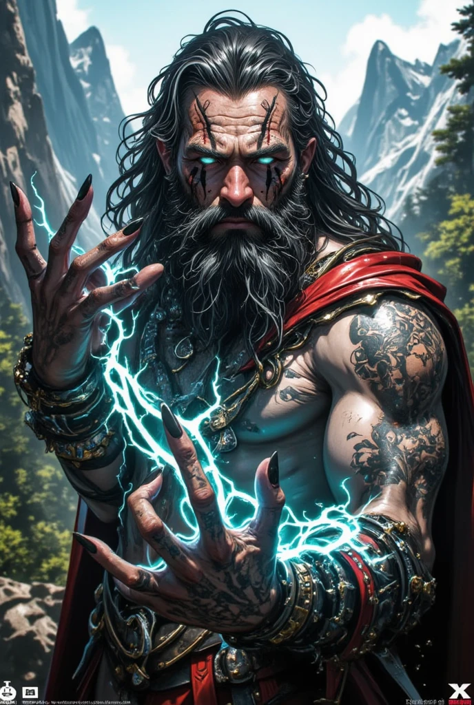 Action scene, dynamic pose, firm stance, combat stance, 
Focus on (Sorcerer casting bolts of lightning from their fingertips, Sultan, Average Height, Fit, Triangular Face, Tan Skin, White Hair, turquoise Eyes, Short Nose, Pouty Lips, Sharp Chin, Circle Beard, Crew Cut, Dreadlocks, An ancient, mystical ruin, hidden deep in a dense, overgrown jungle) fighting (Lich),
In a fairy-tale village in a clearing of an enchanted forest, with cottages made from pumpkins,