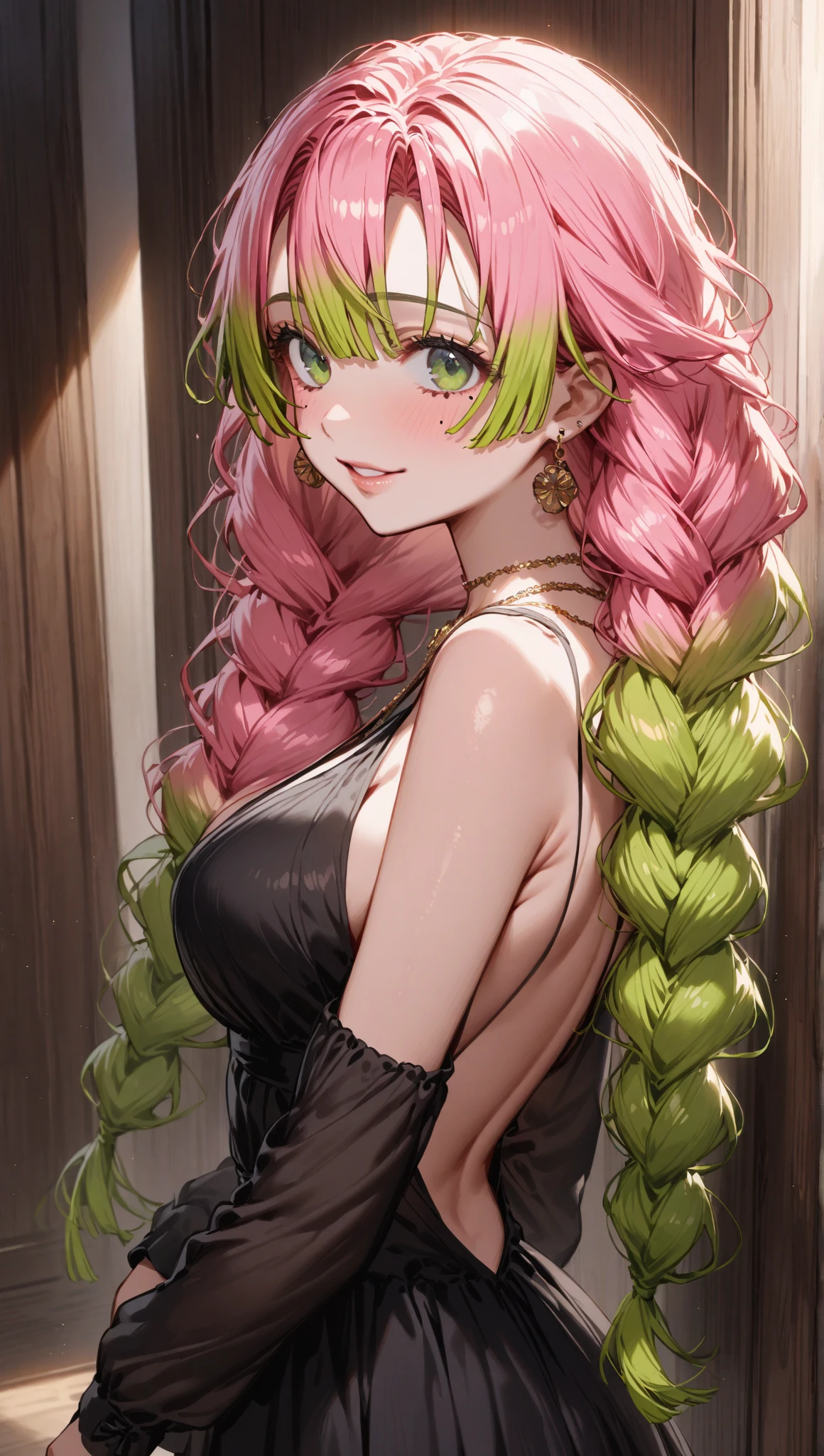 table, Mitsurikan Log, Mitsuri Kanrodzi, hair, Gradient hair, (Green eyes:1.5), green hair, long hair, a mole, a mole under the eyes, multicolored hair, pink hair, Twin hairs, two tone hair, split, break looking at viewer, INDOOR BREAK, break (table:1.2), Best quality, A high resolution, Обои Unity 8k, (Illustration:0.8), (beautiful detailed eyes:1.6), very detailed face, perfect lighting, Extremely detailed computer graphics, (perfect hands, Ideal Anatomy),multicolored hair, The whole body was reflected, (Off Shoulder Suits:1.5), ((chest wide open and exposed)), (smile), ((underwear)), ((torn clothes)), ((bikini)), , ((torn clothes))