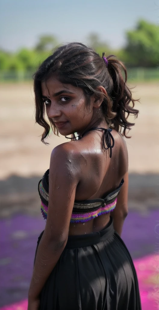 a very beautiful and sweaty 25 year old Timor naked girl, thick hairy armpits, muscular abs, raising her arms high while being carried and kissed by two young men