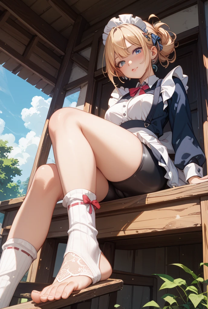 takashi takeuchi、Tsukihime、Warden Brunestad、女の子1人、Ahoge、(a blond:1.3)、a miniskirt、(Blue skirt:1.3)、red eyes、short-hair、skirt by the、Smile with open mouth、(独奏)、White sweater、(White turtleneck:1.3)、((masterpiece))、Black pantyhose、(black thighhighs:1.3)、 (white panties:1.3)、(Fully exposed panties:1.5)、outside of house、plein air、blue-sky、Sit with your knees bent、Eight-headed body、beauty legs 、As if looking up from below、(knees to chest),