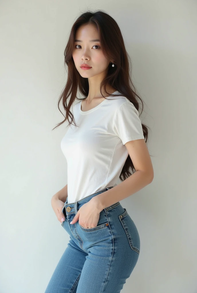1 Girl,Dining room,Soft Light,Chinese Beauty,Tight Fit,Short-sleeved shirt,Dark-haired,long hair