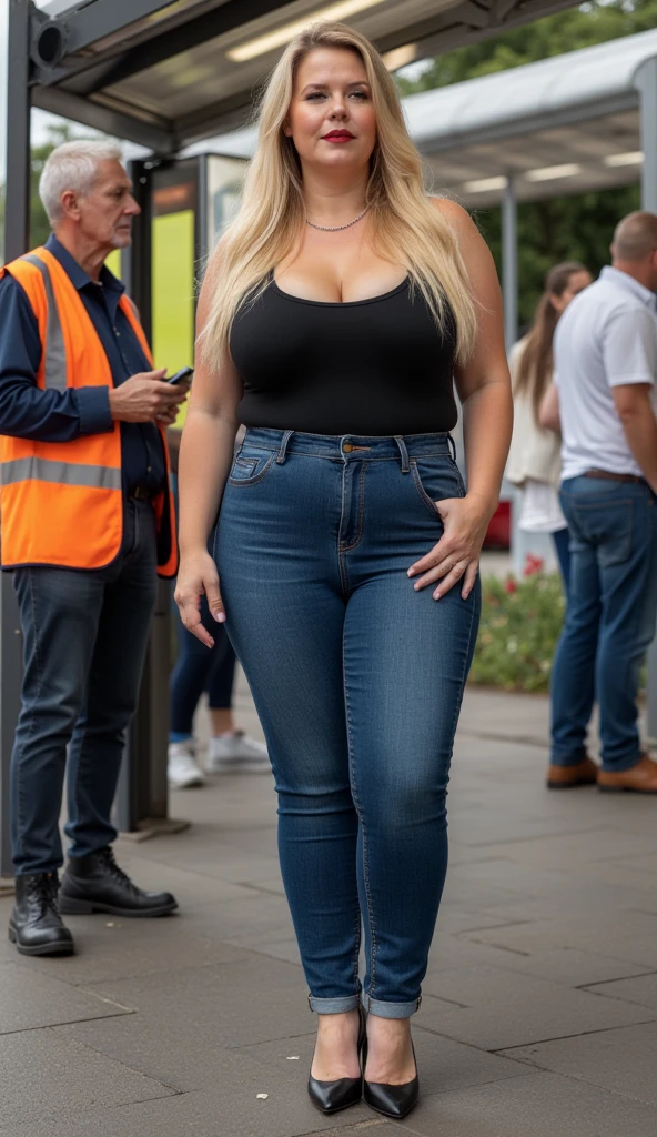 (obra-prima:1.2), (ultra detalhado:1.0), blonde, deusa loira, modelo plus size, ((vestindo pequeno biquine)), de costas, ((de costas para o telespectador)), Looking back, na rua, ((sorrindo)), rua lotada, sorrindo,