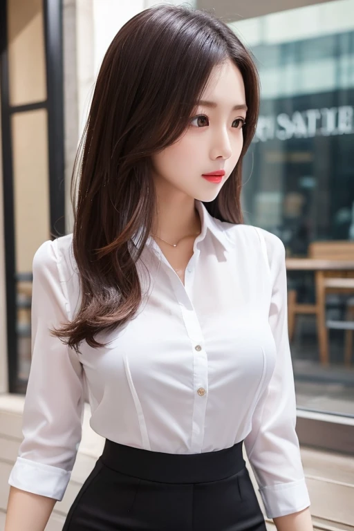 ((of the highest quality, 8K, masutepiece: 1.3, Raw photo)), Sharp Focus: 1.2, (1 AESPA Girl :1.1), Solo, (Realistic, Photorealistic: 1.37), (Face Focus: 1.1), Cute face, hyperdetailed face, Short messy hair, Small Smile, slender, (White Button Down Shirt, Skirt: 1.2), Sitting Office Room, (Show panties:1.1), From below, blooming flowers