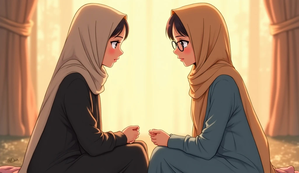 Generate 2 woman in anime who wear hijab- facing together as though as they want to battle. 1 of them look weak while the other one look energetic 