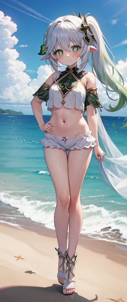 anime, beautiful face, highly detailed face, green detailed eye, highly detailed beach background, best lighting, no shadows, 1girl, solo, outdoors, genshin impact, Kirara, bangs, beautiful long blonde hair, hair ornament, cat ears, absurdres, high res, ultrasharp, 8K, masterpiece, looking at viewer, blushing, (teasing smile:1.2), BREAK (detailed sexy beach bikini:1.4), (sexy pose:1.2), full body, (hands behind head:1.3)