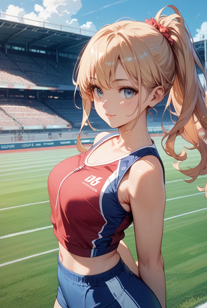 masterpiece, best quality, 8k, best light, shadows, perfect anatomy, front view perspective, looking at viewer, posing, 1 girl, 26 years old, mature, europe girl, blonde middle hair, straight hair, pretty eyes, black eyes, tight sport shirt, tight short, stadium night background,