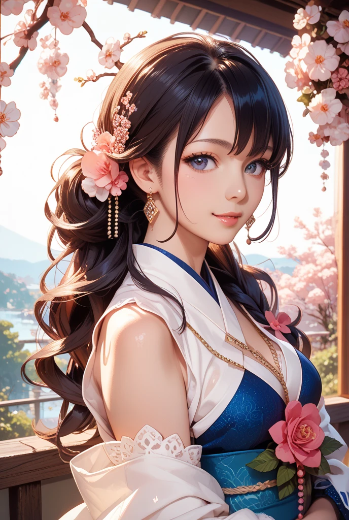 8K picture quality、top-quality、masutepiece、An ultra-high picture quality、ultra-detailliert、Ultra-realistic hair quality、Vibrant colors、Beautuful Women、Beautiful long hair、Shiny hair、detailed hairs、Blue Mesh、poneyTail、Blue eyes、shinny skin、Lace underwear、Very gigantic-breasts、Sweat on the forehead and cheeks、extremely big ass、Fluffy off-shoulder yukata、A smile、soft pink lips、Ultra-realistic flesh feeling、Red cheeks、summer festival in background