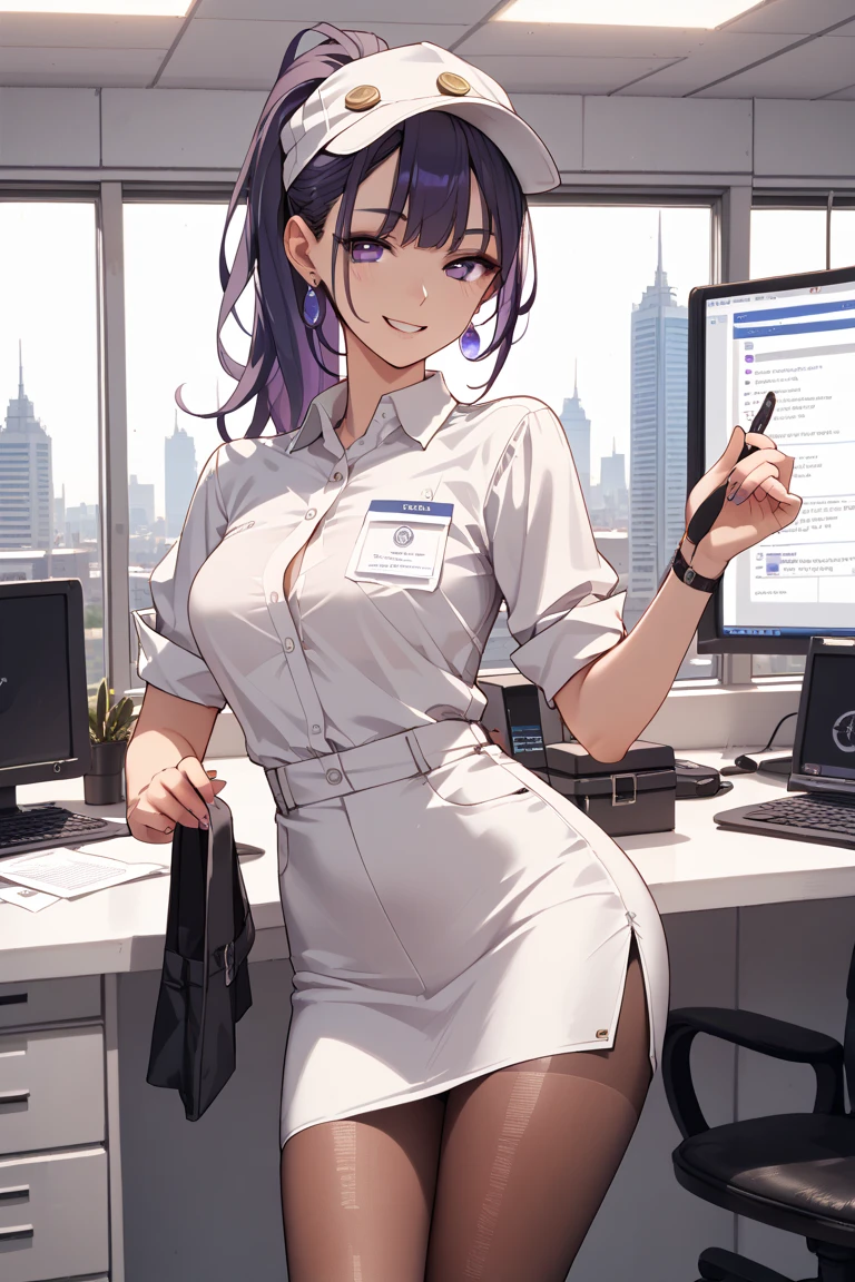 Keqing, genshin impact, 1girl, solo, ((white shirt)), black thighhighs, breasts, cleavage, uniform, office background, black skirt, pleated skirt, office, hair between eyes, messy hair, large breasts, hair ornament, long hair, looking at viewer, purple hair, choker, pierce, ear piercing, lip piercing, purple short nails, purple eyes, solo, thighhighs, thighs, very long hair, ((masterpiece)), sitting, chair, desk, computer on desk, name tag, id tag, indoor, blush, smile, show teeth, sexy pose,