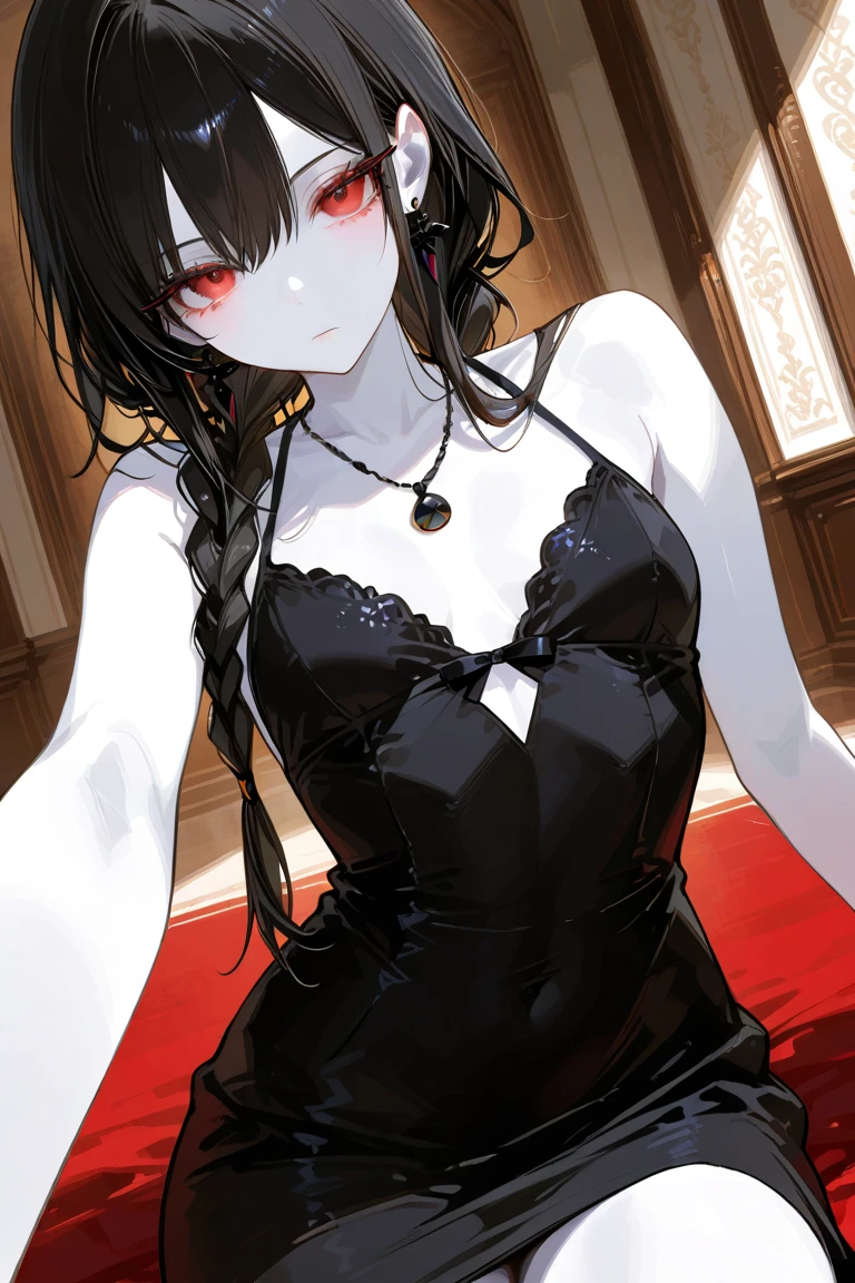 A black haired woman with purple eyes and an hourglass figure with black fox ears and a black fox tail wearing a conservative victorian gown is posing in a flurry of rose petals