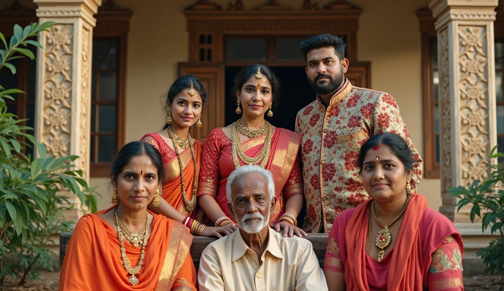 Create an oil painting of a Tamil family portrait. The parents, aged above 70, are seated on a chair. The mother is wearing a saree and the father is wearing a dhoti and shirt. Behind them, stand five sisters and an eldest brother, all aged around 40. Two of the sisters are slightly shorter than the others, and two are depicted as being a bit heavier. The parents should be depicted in black and white, while the children are in color. The overall atmosphere should be warm and nostalgic.
Additional notes:
You might want to specify a particular color palette for the children's clothing to align with your mother's preferences.
Consider adding specific details about the setting, such as a traditional Tamil home or a natural backdrop.