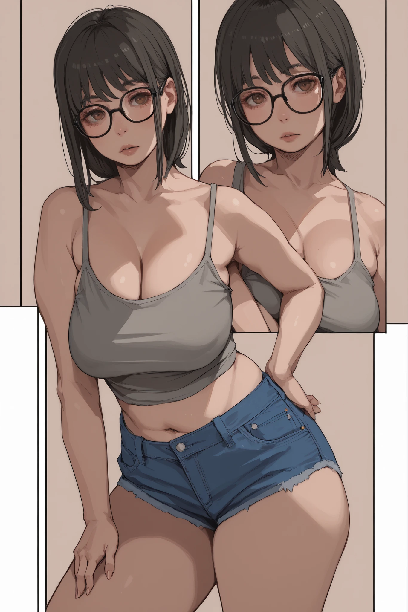 1 plumb girl, long black hair, bangs, brown eyes, glasses, voluptuous, saggy giant breasts, hanging breasts, gray tank top, denim mini micro shorts, simple background, hentai comic, frames, multiple views