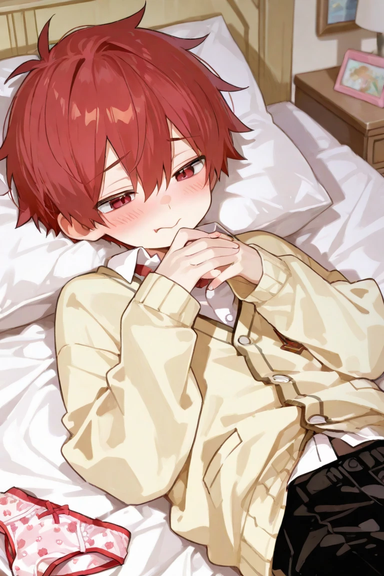 high quality,One Man,Red-pink hair，Red eyes，short hair，Red Theme，Handsome，crimson,，Black and red coat,Student Council President,student,Bottom boy,sexy,On the bed,Sleeping Man,sexy,Sweat,Half naked,shy,Embarrassing