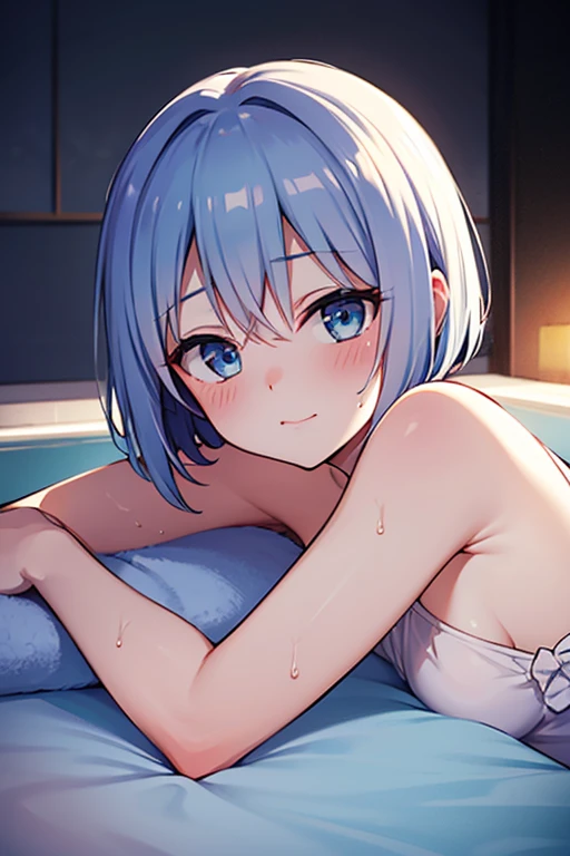 white-haired girl，legs are open，small tit，No blockage，Lie down in bed，Didn't wear panties，I wasn't wearing underwear，The whole body was wet，
