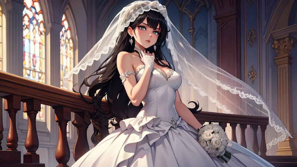 Pose: 1girl, masterpiece, highres, sonicedges_rias_gremory leaning against a wall with one shoulder, legs crossed at the ankles.
Expression: Soft, confident smile with eyes looking into the camera.
Attire: Elegant ((wedding dress, bridal veil, wedding, bouquet))that complements the glamorous setting.
Hair: Styled to cascade over one shoulder, with light waves.
Makeup: Subtle yet elegant, with emphasis on the eyes and lips.
Background: A softly blurred wedding church.
Lighting: Warm, soft lighting that highlights the woman's features and adds a glow to her skin.
Accessories: Minimal, such as a pair of delicate earrings or a simple necklace.
Mood: Elegant, confident, and slightly mysterious.