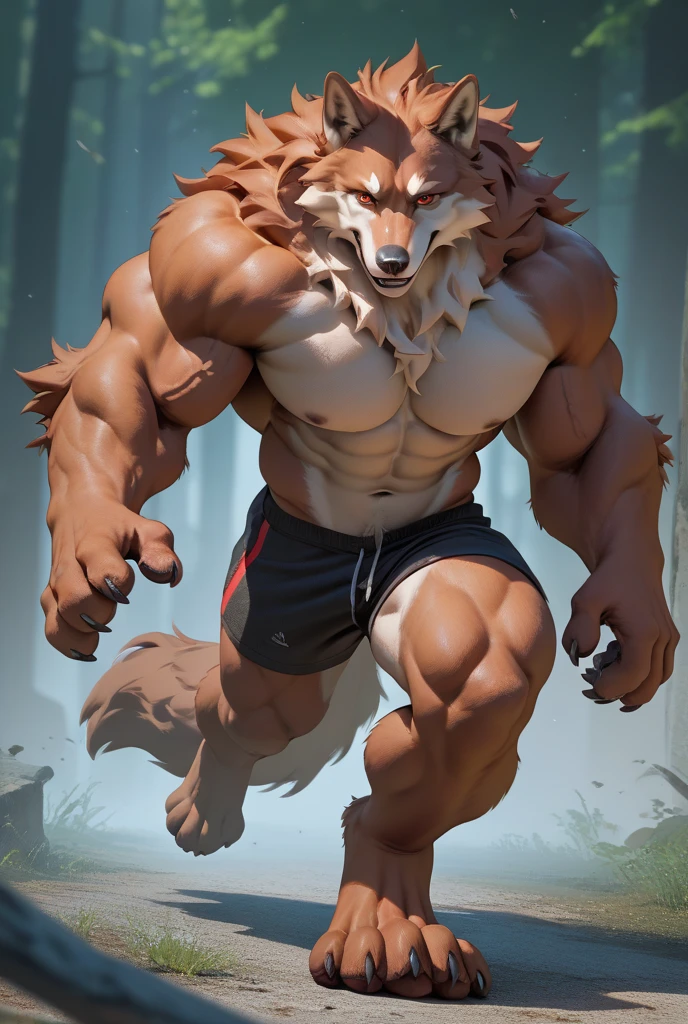 Fluffy brown wolf、Abnormally large bulging crotch、Huge crotch bulge、Male genitalia outline、Linen boxer shorts、Brown underwear、Howling Wolf、Wood top background、Forest Background、Sharp claws on the toes、Big jumping pose、Pose with hands raised up、Lying down pose、Hairless head、Very developed butt muscles、Full body wolf fur、Howling pose、Upward facing face、Completely naked、Abnormally large muscles、Fluffy, long body hair、Long brown hair all over the body、Very long and profuse armpit hair、it's raining