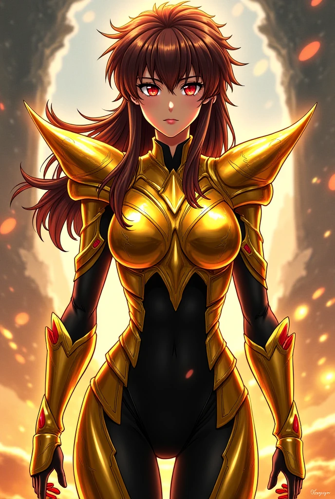 Long black haired, japanese girl, golden cyber armor, blue eyes,