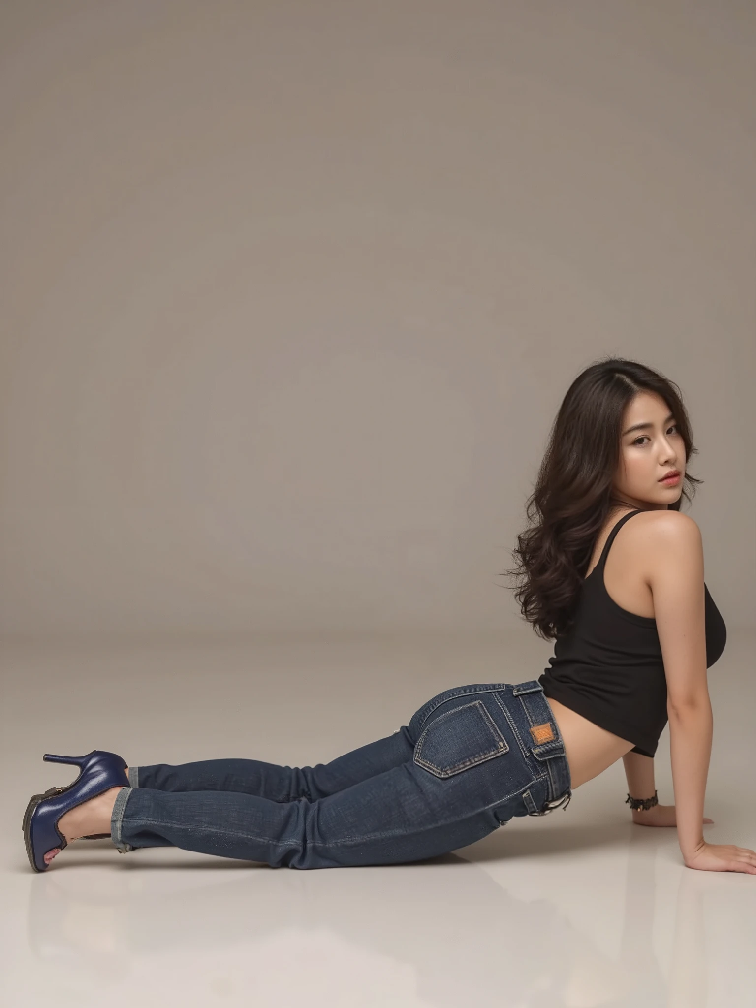 The girl lies on the floor with her hips crossed,  หญิง sexy girl  , ภาพหญิง sexy girl สวยงาม, high heels, sexy pose,  sexy girl ,  Photo Model , , dark blue jeans and cool shoes., A distinctly sensual gesture., high heels,  seductive posture lying down , Sexy style, very sexy pose, Blue Shoes, Posture model , Fashion Model Photography,  very seductive pose 