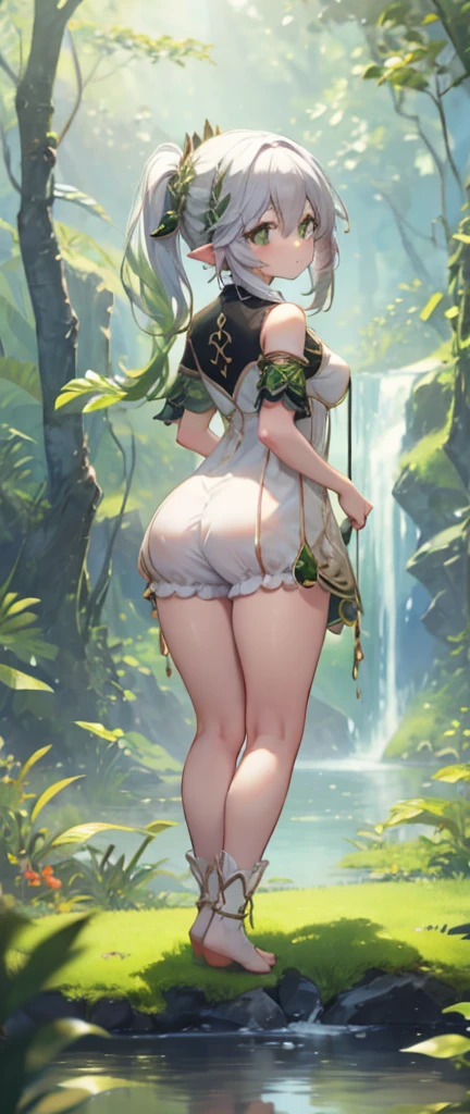 Thick thighs,Nahida,, , ,, flat chest, fullbody, head to toe capture on the frame, lolitoes, thick thighs, bloomers, bend over, showing her bum( butt), outdoor, cute girl, cute , one piece dress