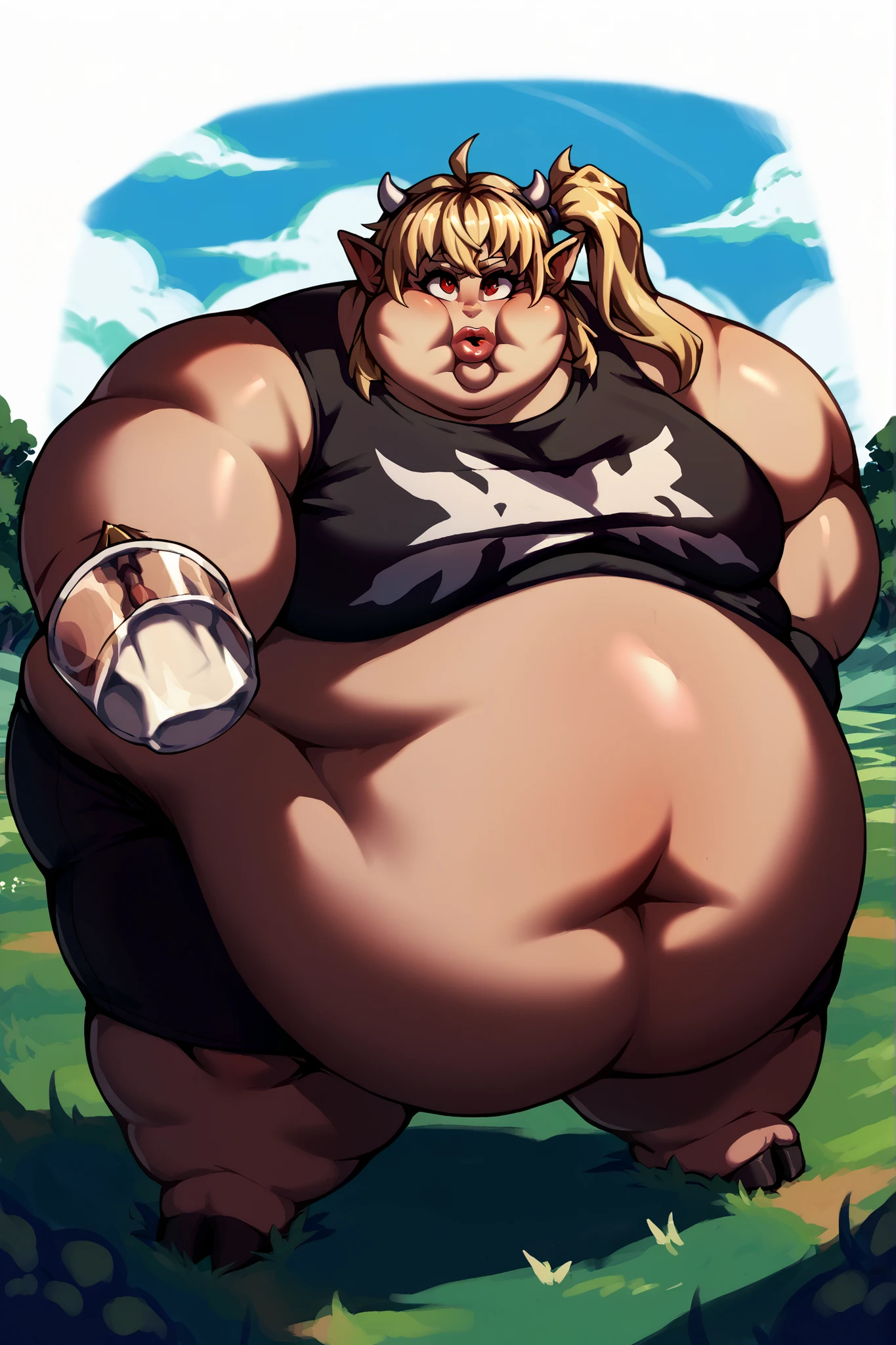 Anime Women, Lady、Forehead、Long braids、Glasses、Brown eyes、Are fat、Chubby、Sensual、obesity、Double chin、cheek、Fatty neck、Big Breasts、Saggy breasts、Thick upper arms、Fat belly、expensive、Dark brown unitard、Dark brown bodysuit、sneakers、Gloss、Sweat、Embarrassing、sit、Side view