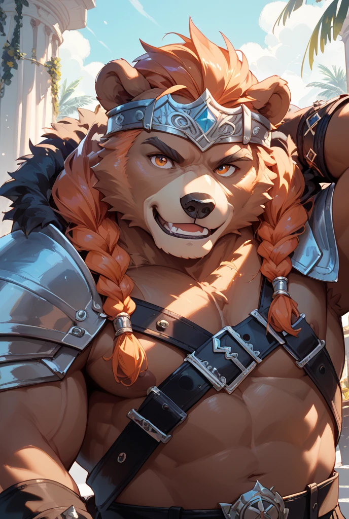 portrait, 1boy, anthro, bear, Brown body, knight, armor, helmet, (armor helmet covers face, metal helmet, bear shaped helmet), (red plumes crest), sexy armor, bare chest armor, pectorals, nipples, muscular, huge muscles, fur cloak, (hot, penis in pecs, penis on the chest, penis between the pectorals, incorporeal penis on the pectorals, thick penis, venous penis, prepusium, semen, cumshot, lines of movement, semen on the body, cum on the armor,) ((pov,)), (close up:0.5), detail fur, detail armor BREAK (by gerrkk, by darkgem,by phinnherz,by null-ghost),(,by takemoto arashi:0.8),