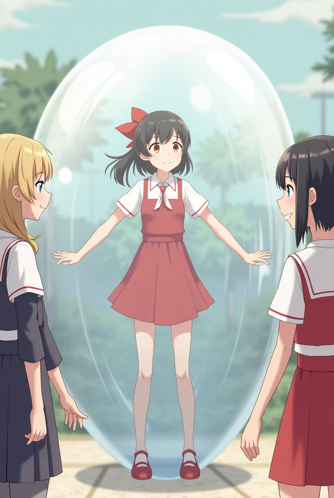 1girl、Highest quality、Masterpiece、Red short one-piece dress、Wearing a red school bag、Side view from the audience、Skipping、Long white hair blown back by strong wind、Yellow simple background、