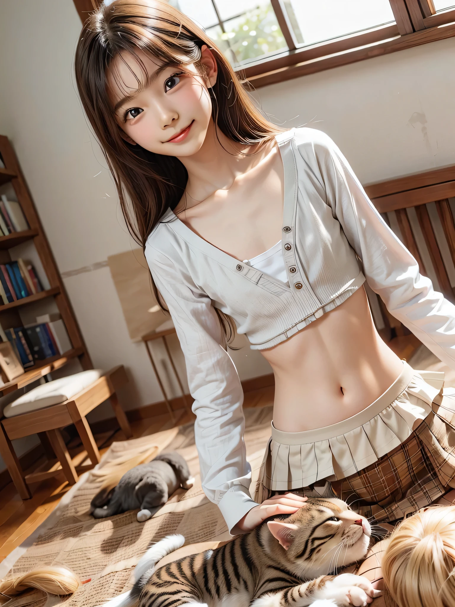 ((top-quality)) ((masuter piece))、intricate-detail、foco nítido、proffesional、Photorealsitic、Real life、surrealistic、photorealisim、Silhouette Light、finely detail、Highly detailed CG Unity 8K wallpapers、erfect artwork、shinny hair、radiant eyes、shinny skin、realisitic、Looking at the camera、Very delicate and cute、best qualtiy、Cute detailed girl、cute large eyes、Facial Lights、Cinematic lighting、Transparent material、realistic representation of face、(intricate detailes)、no-makeup、(Detailed beautiful delicate face、Detailed and beautiful delicate eyes and face)Detailed skin、Best ratio of four fingers and one thumb、Thin fashion、独奏、(Very young)、Facial Highlights、luxury room、Professional Writing、((Knee shot:1.4))、Beautiful navel、1人、Very young face、innocent-looking face、(Looks under 10 tanding facing the front、Rat trail section、Inseam delta、Bare shoulders and elbows and arms、Chest flat、((flat-chest: 1.4))、女の子1人、Back lighg、Many flowers、((non-blur))、((subminiature)) 、((Super skinny girl))、((Ultra-small ass:1.4))、((very thin thighs))、(Super young Japan transcendent beautiful girl)、small nostrils、Healthy face、Soft lips、pale cherry colored lips、(rather thin eyebrows: 1.4)、shiny large black eyes、(Medium black hair,:1.1)、(Beautiful girl with cute loli face:1.6)、big、(The corners of the mouth rise:1.4)、((Raise your hands to expose your beautiful armpits))、(1 thin and tight white camisole)、Very short spats of bright colors、lowrise、((1 thin and fairly tight spats:1.4))、Plump round face、(smile shy:1.8)、cheeks are reddened、Eyes for hollow details、Floating hair、large eyes that are symmetrical、Small protrusions、hair clips、No face makeup、夏天、The room is hot, So wear the bare minimum
