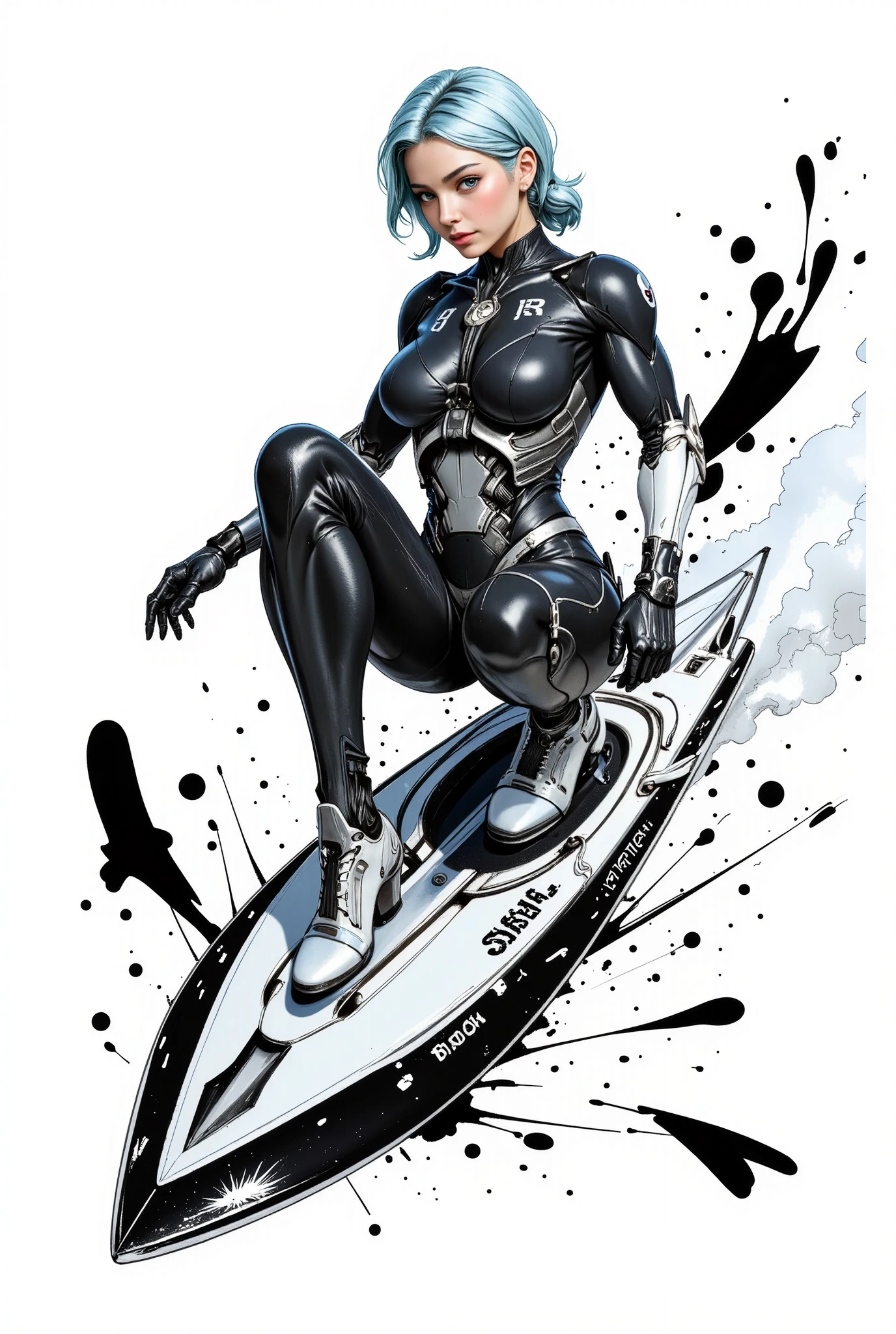 monochrome , sketch ink ,((1 girl, beautiful japanese woman, Woman riding a futuristic surfboard with a jet engine)), combat position , looking at the spectator, broad, by the floating, Hanfu, futuristic suit, Cyber Suit, tight suit, ( abstract ink splash:1.2), Big Breasts, giant breasts, Beautiful Detailed Face, Precise and impressive eyes, pale blue low ponytail hair, bloom, white background,
