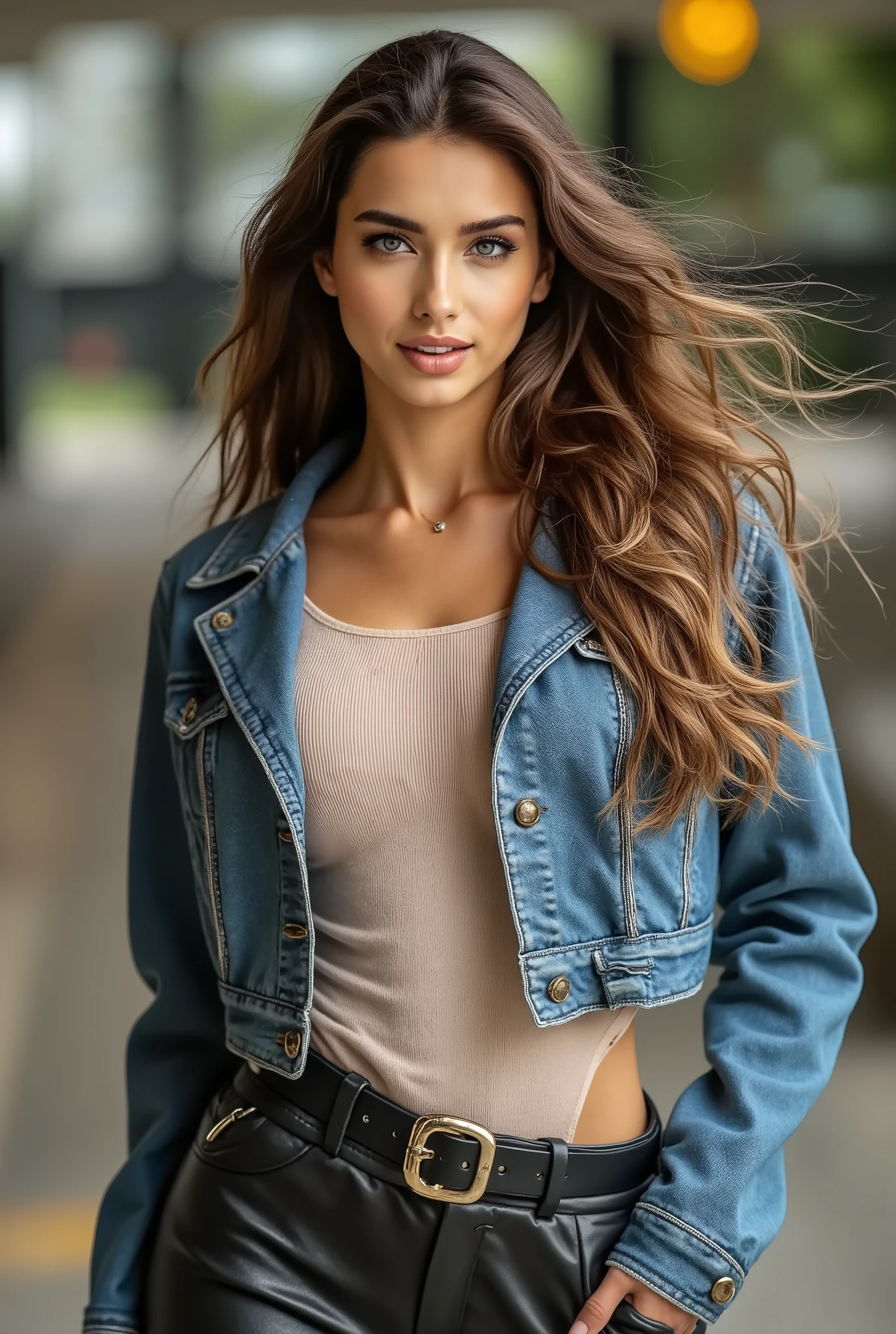 Foreground: a gorgeous woman, wavy hair in the wind. she's a men magazine model, She has a subtle smile and flirts with the camera, (she wears crop denim moto jacket, casual ribbed tanktop and leather pants with big belt:1.2)