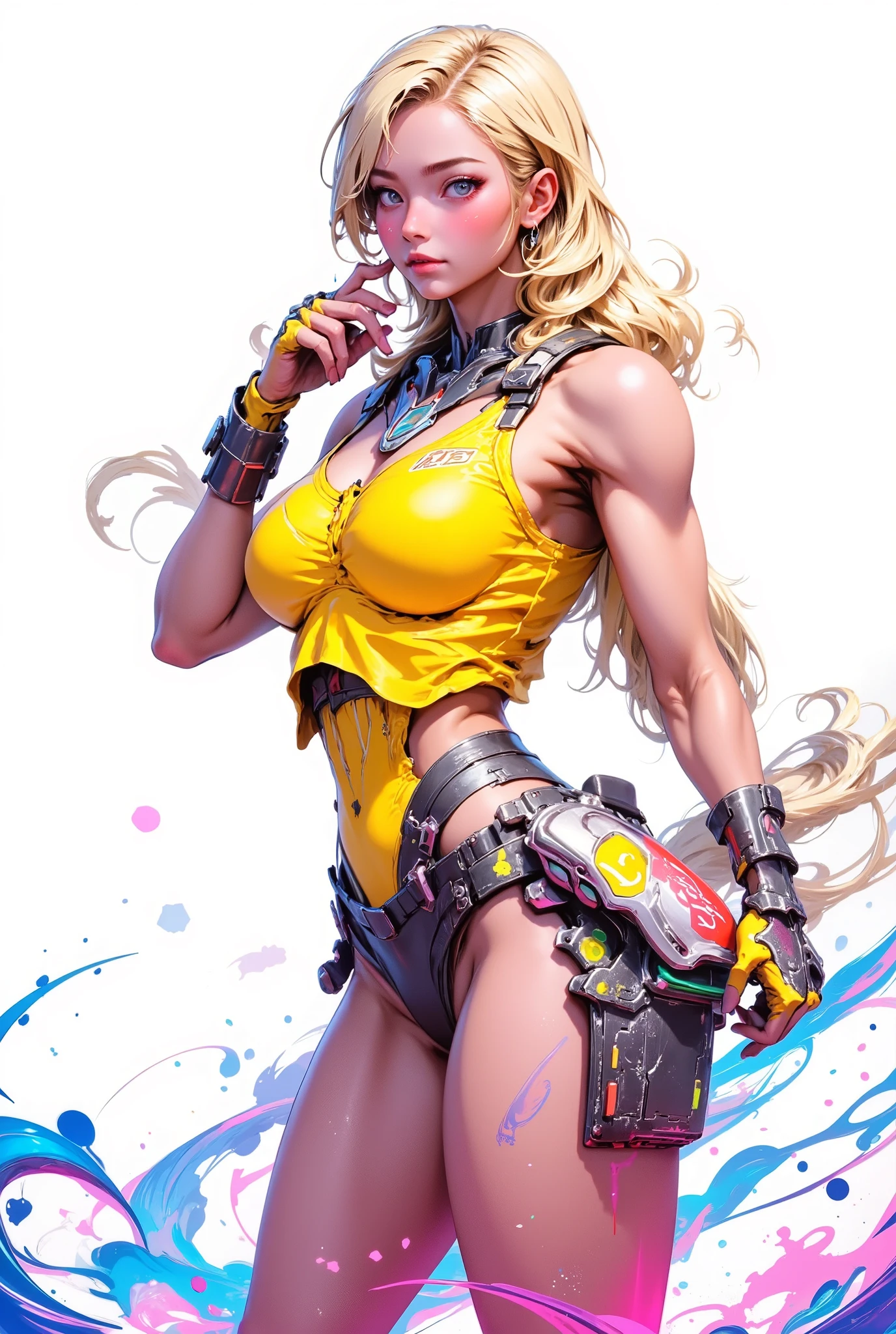 ((1 girl, beautiful japanese woman, Woman riding a futuristic surfboard with a jet engine)), combat position , looking at the spectator, broad, by the floating, neon body paint, honeycomb pattern, brightly colored shirt, psychedelic designs, neon green, orange, purple, ( abstract ink splash:1.2), Big Breasts, giant breasts, big ass, Beautiful Detailed Face, Precise and impressive eyes, pale yellow low ponytail hair, Full body, Perfect white skin, ideal body shape, perfect skin, Detailed thighs, belly button, (((Beautiful Detailed Face))), (((Precise and impressive eyes))), Refined Textured, gentle face, anatomically accurate, textured skin around the chest, detailed underwear, Graceful Posture, cinematic light, bright color, bloom, sketch ink, white background, Anime art, cyborg girl, Neon Girl, colorful, Surrounding her are glowing, neon colors, ultra-realistic details, (((blushing))), solo, smile, big lips, perfect body, Please open your mouth a little, ((five fingers)), (Anatomically correct), ((big , big ass)), curve, (((Stylistically diverse))),