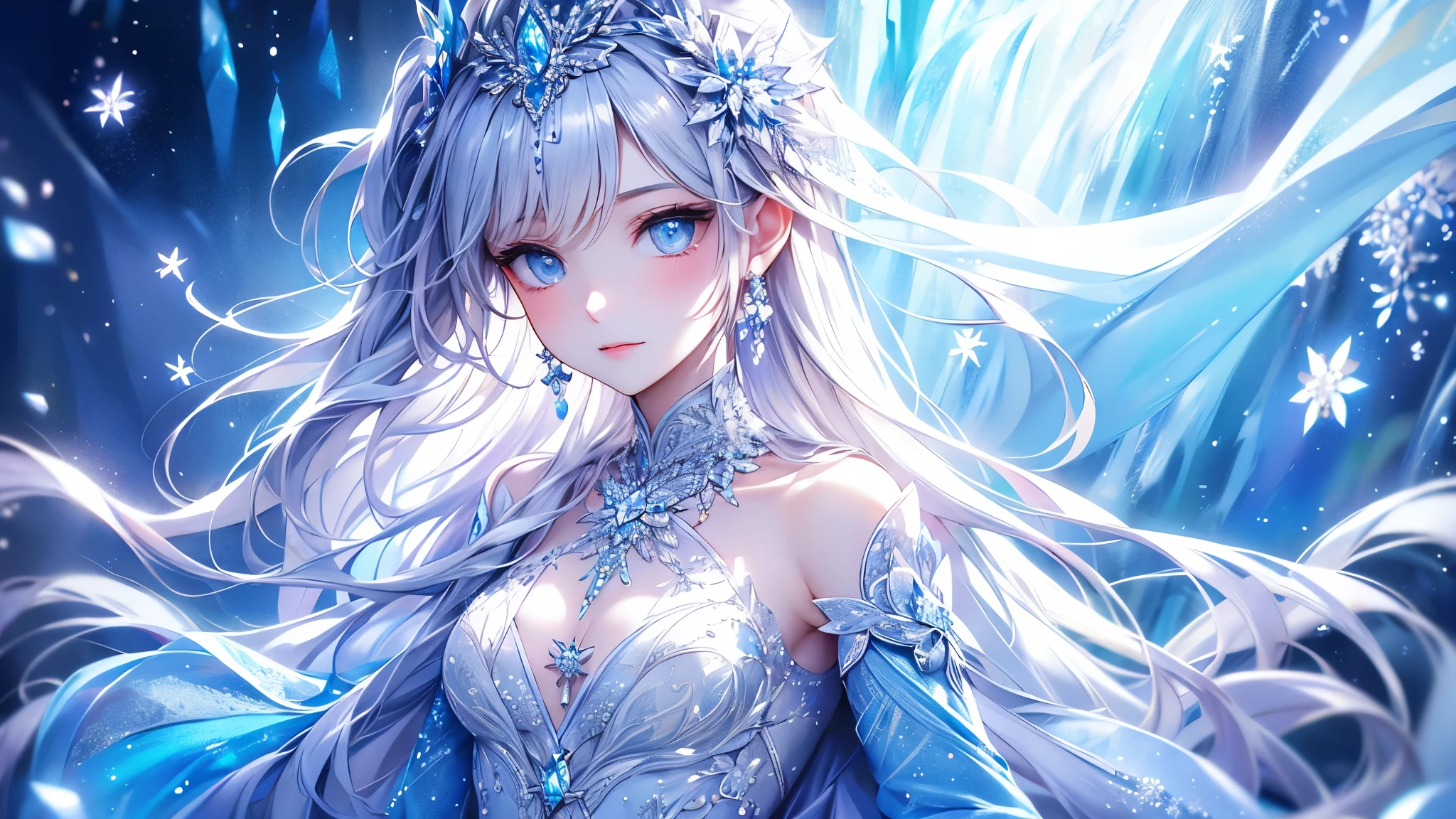 (long shot:1.5)wood, Exquisite mini ice spikes and crystals, Frozen waterfall in the background, Light reflected by ice crystals, Flowing snowflakes.1 girl, Beautiful woman、pretty girl,A realistic person,Beautiful cleavage,small breasts