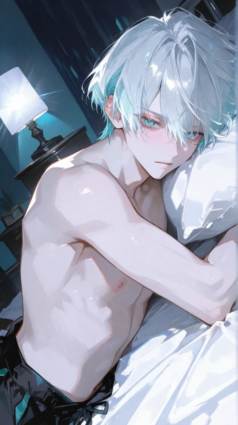 ((Detailed eyes, blue eyes:1.2)),beautiful eyes,{best quality}, {very aesthetic}, {ultra-detailed}, {best illustration}, nsfw,{{1boy:1.5}},spread legs,Expanding the anus,boy,eyes wide open,look at viewer,(silver hair:1.3),(long hair), anal, man, penis,Stick your ass out,Fox ears,Completely naked,Expanding the anus,Anal bulge,(cum on ass),(cum in ass hole),Cum in anus,Hide your hands,Erect penis in crotch,I can see the anus expanding,((Long lower eyelashes)),dramatic angle,2d,anime face,(No tear bags),Pointed canines,Cover,Being restrained,Long Bangs,((flat chest)),Steamy skin,skiny boy,(pale skin),Transparency,Low Saturation,open mouth,(cum in mouth),(fem boy),(flat chest),bukkake,dooring,((blushing)),On the bed,Dildo,Beautiful Nose,perfect anatomy, ager,Medically correct human body,flat chest,all fours