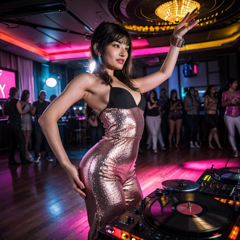 a white tall woman, dark hair with bangs, brown eyes, rock n roll style, captured by the camera, dancing among many people, moving with her arms in the air enjoying the sound with eyes closed and a smile on her face, her hair sways with the movement, she is on crowded vibrant disco dance floor, immersed in the colorful lights reflecting off the mirrored disco ball above. She is wearing a shimmering holographic jumpsuit with a plunging neckline and wide-legged pants, perfectly blending the glamorous style of the 70s with her modern, edgy twist. Her short hair is styled with voluminous waves that bounce as she moves. She is accessorized with large hoop earrings, multiple silver bangles on her wrists, and platform heels that add to the authentic disco vibe. The background is filled with swirling lights and fellow party-goers, creating a lively, energetic atmosphere.