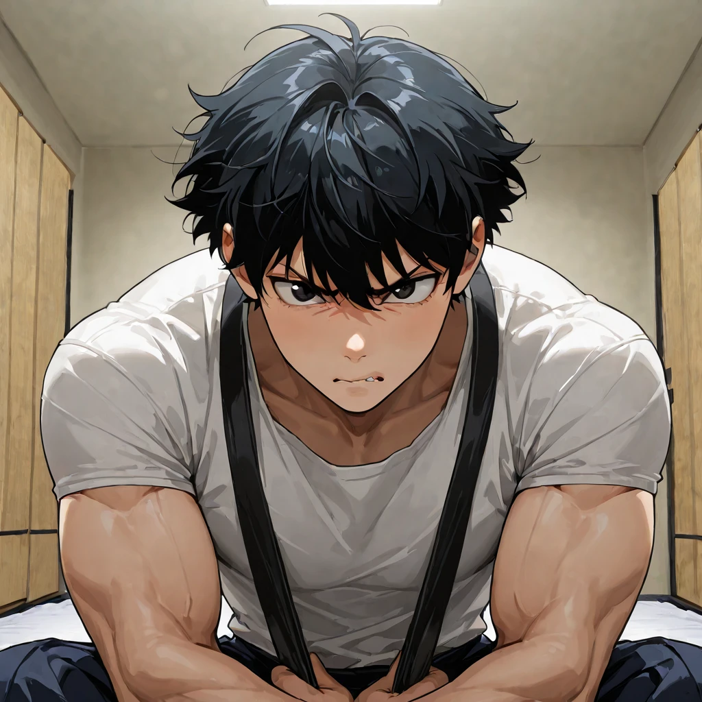 1boy, male focus, ((ponyzeldris)), black hair, short hair, spiked hair, black eyes, red eyes, empty eyes, facial mark, muscles, lying on bed, ((half naked)), half covered on bed sheets, smile, ((light coming from window)), receiving headpats