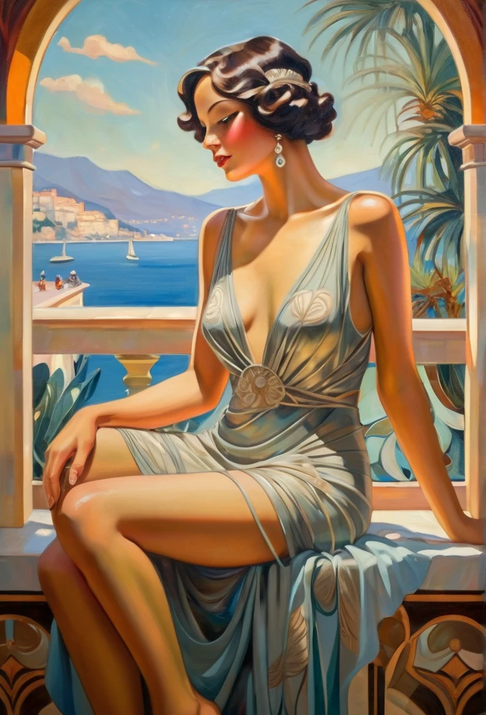 (masterpiece oil painting), 1 woman, breakfast at a luxurious table full of treats, a beautiful silk robe in flowers is thrown over the shoulders, the robe is unbuttoned, (show a hint of pussy:0.4) one leg laid to the side, (pussy pubic hair visible:1.7), Smile on his face, ethereal and beautiful Hugo Boss model from the 1940s.., Beautiful painting with a very detailed face by Alphonse Mucha.., Craig Mullins, Greg Rutkowski, Magali Villanueva, (The most beautiful picture), The whole body is visible, sexy pose, ideal body shape, view from bottom to top, on the balcony against the backdrop of the beautiful seashore, mountains