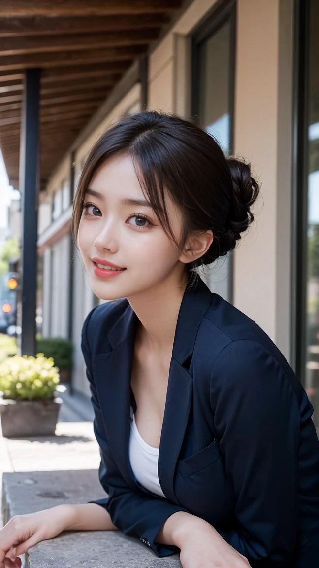 Produce the highest quality and highest resolution 8K images。Please draw the upper body of a 20 year old Japanese woman.。Please draw a picture of a walk through the city at night.。She has brown eyes and a model-like figure、She has an idol-level cute face.。Her hair is in a bun.。Clothes、Dressed in stylish office casual wear。The skin is、It is a natural skin color。she、Looking at you with a smile。