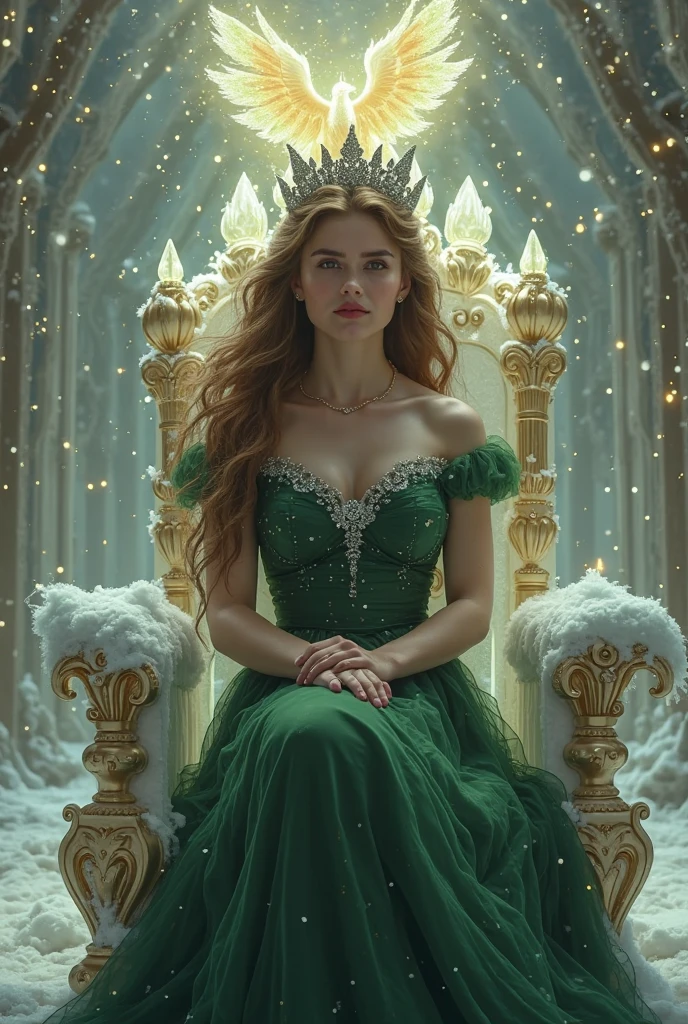 um retrato de corpo inteiro de uma mulher em um vestido verde e branco com uma coroa, Artgerm e Wlop, Artgerm Julie Bell Beeple, Aly Fell e Artgerm, Modelo IG | Artgerm, wlop e Artgerm, Cavaleiro elfo sedutor da princesa, Artgerm extremamente detalhado, Rainha elfa bonita e elegante, , de frente ao penhasco, fim de tarde, (sun sunset), de frente para o espectador, postura de luta, (segurando uma espada e escudo), a cold expression, armadura de dourada e preta por todo o corpo.