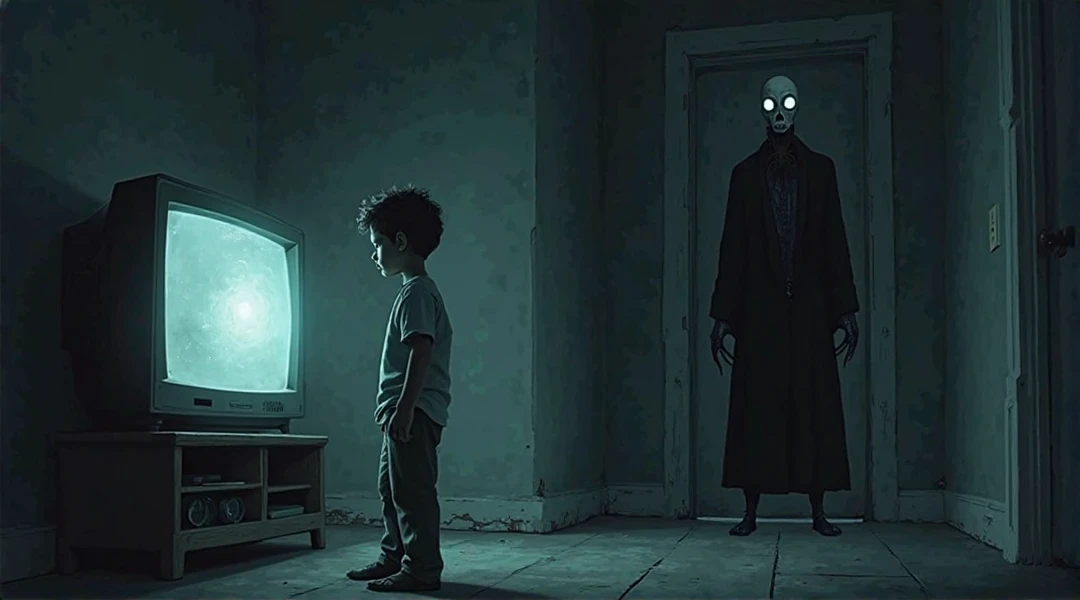 There is a child sitting on the floor watching a TV on top of a bookshelf and inside the TV there is an image of seductive elves and elves with evil and malignant looks. The house is filled with a vast darkness and frightening density and black tentacles.