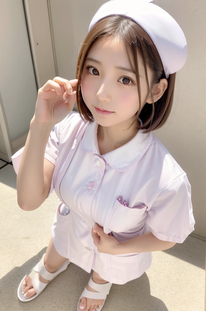 ((masterpiece))、((Highest quality))、photograph、reality、High resolution、Advanced Depth of Field、become close、Realistic lighting、Delicate facial features、Realistic Background、(The whole body is shown:1.2)、(Looking at this:1.3)、(Big Breasts:1.2)、(Erect nipples:1.2)、(Slender:1.5)、(Thin and beautiful legs:1.5)、(Narrow waist:1.5)、(Tight nurse uniform:1.5)、(The background is an empty office:1.2)、(Early teens:1.5)、(Young face:1.5)、(Short)、(A face like an elementary school student:1.5)、(Shy and blushing:1.5)、(On all fours on a hospital bed:1.5)