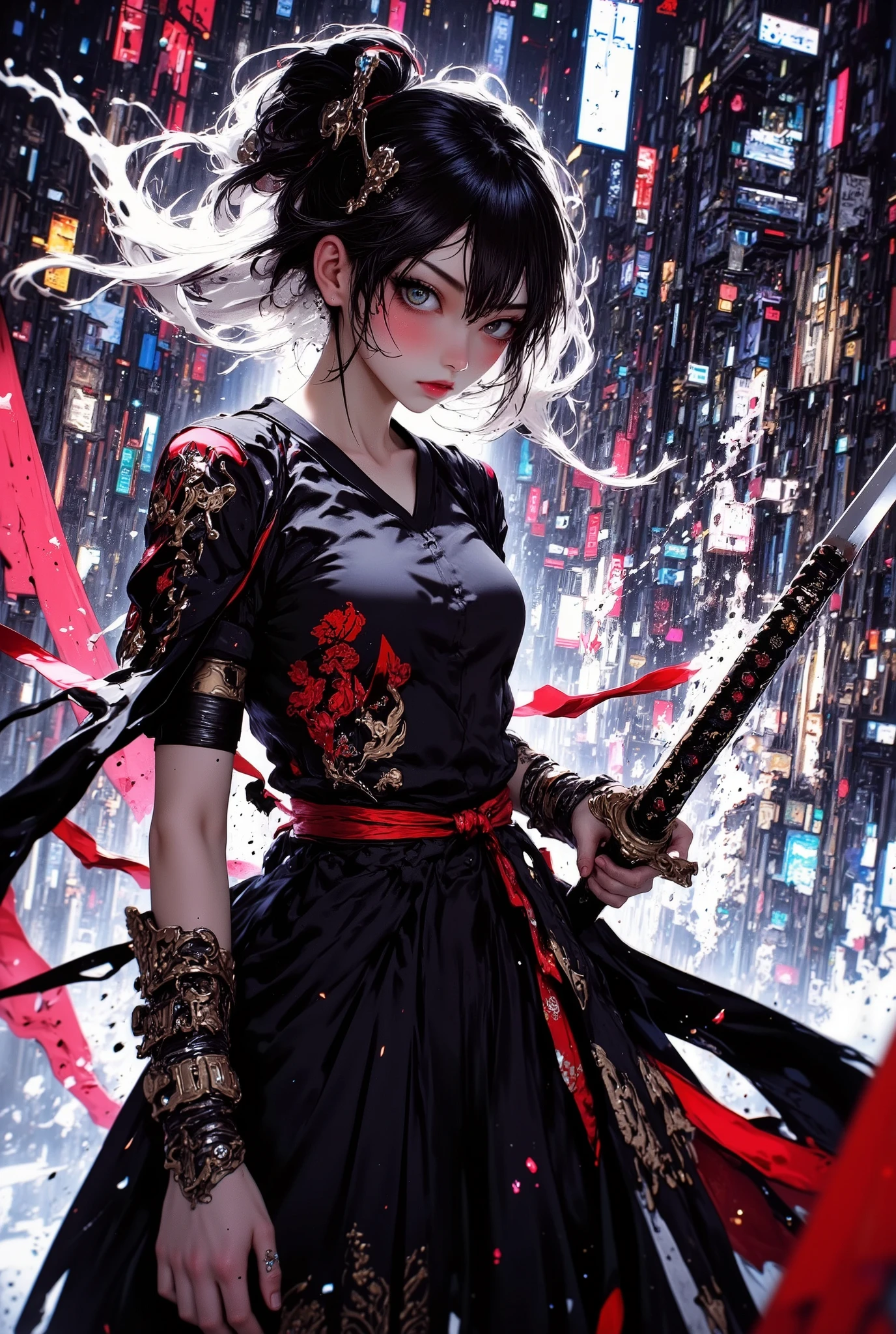 Future cityscape at night, Woman in a hakama with flowing black hair, dynamic poses wielding a beautiful sword, splashes of water, gives an impression of movement and elegance, makes a sense of fluidity and strength, ArsMJStyle, zen inkwash ink painting, kata211, High Definition, masterpiece, Accurate, top quality, High Definition model, high detail, beautiful detailed, high resolution, 32K, realistic rendering, (Masterpiece, Hi-res: 1. 2), ultra-realistic details, anatomically accurate, textured skin around the chest, 1 girl, beautiful japanese woman, pale silver low ponytail hair, Full body, Perfect white skin, ideal body shape, perfect skin, Detailed thighs, belly button, (((Beautiful Detailed Face))), (((Precise and impressive eyes))), Refined Textured, gentle face, Graceful Posture, cinematic light, bright color, dramatic lighting, Detailed lighting, Detailed Texture, Cyberpunk, Futuristic landscape, auralora, bailing fire, A girl made entirely of flames stands, ARW, ArsMJStyle, Zen Ink Wash Sumi-e, aidmafluxpro1.1, G0thicL1nes, midjourney whisper innocent eyes, Digital illustration, 3d rendering, niji flux2,
