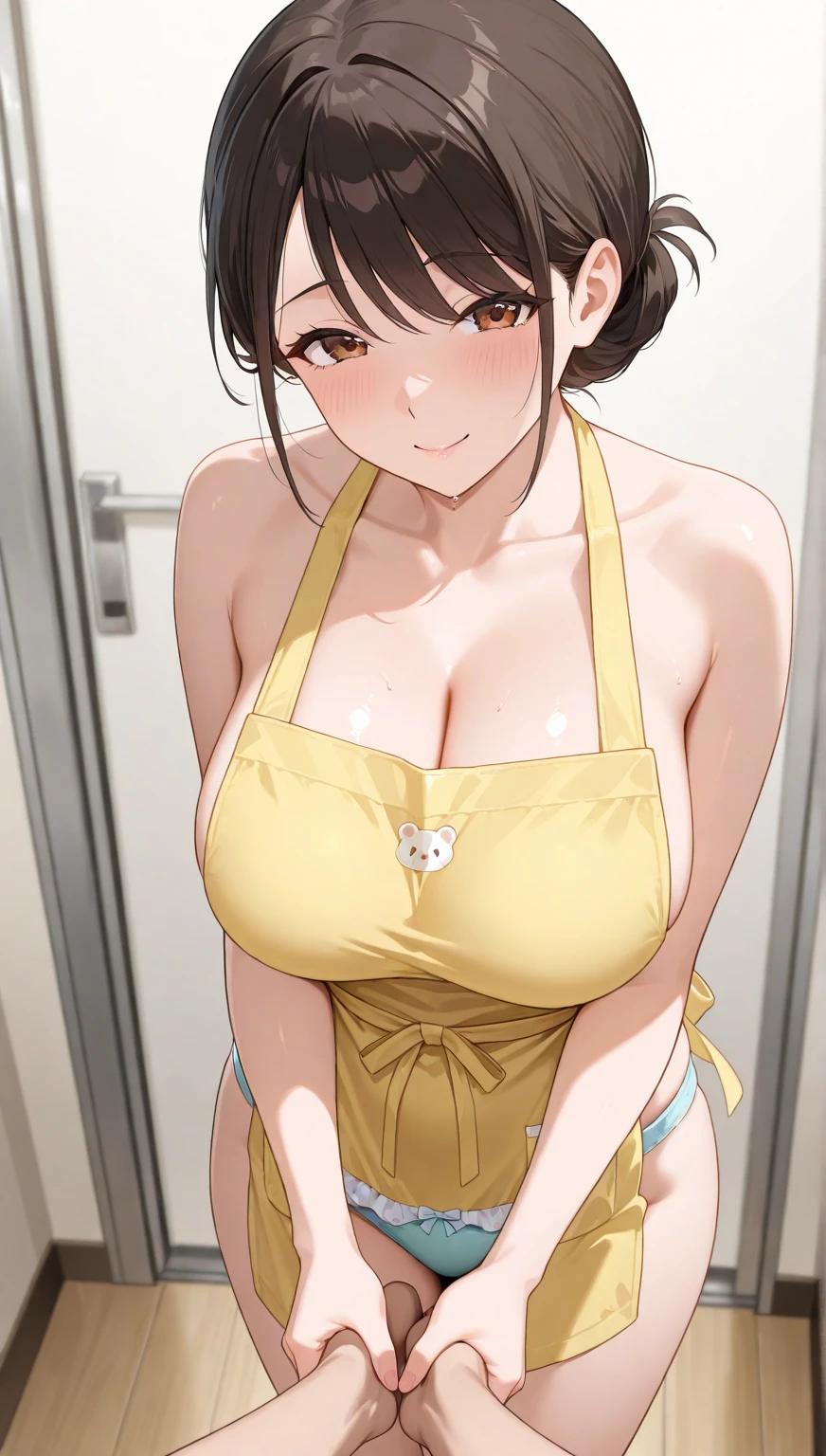 Female 26 years old,housewife,Sunlight,Smile,put on lipstick,light brown short curly hair,Tie a ponytail on the left side,Slightly plump,half moon earrings,Close-up photo of face,Home apron,Huge Breasts,There is a mole at the corner of the mouth,Gold necklace