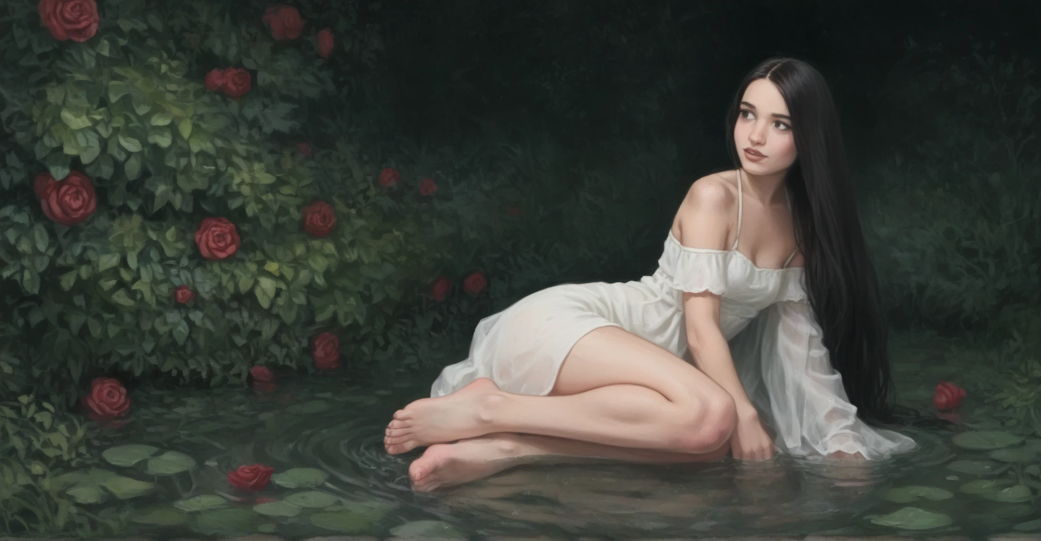 Exquisite slender girl ((with a perfect, very beautiful face and almond-shaped eyes)) (with a southern skin tone and soft lips) (with dark amber hair) with tender ((Small) (((naked)) breasts) (with the little ones (tender pink bare nipples))) ((nude)) (barefoot) ((in a humid greenhouse with a lot of plants and flowers)) ((with open doors and large windows)) ((on another planet)) ((with electronic bracelets on the arm and ankle)) ((с naked маленькой breasts и стройной талией)); (((steam and warm water), Streams of water, nudity, languor, plants and fruits everywhere, many leaves and branches)); ((precious (decorations on the chest and wrists and ankles))); ((dawn morning summer gentle golden light)), ((pastel soft warm shades)); (warm (summer) early morning), ((dawn soft warm light)); (draw ((in watercolor style))); ((very beautiful exquisite face)); (high image quality, high detail), (discreet faded shades, pale expressionless colors, imitation of film photography, (dim lighting)); ((big alien eyes), skinny); ((delicate mint shades, peach and mint shades)), (sfumato)