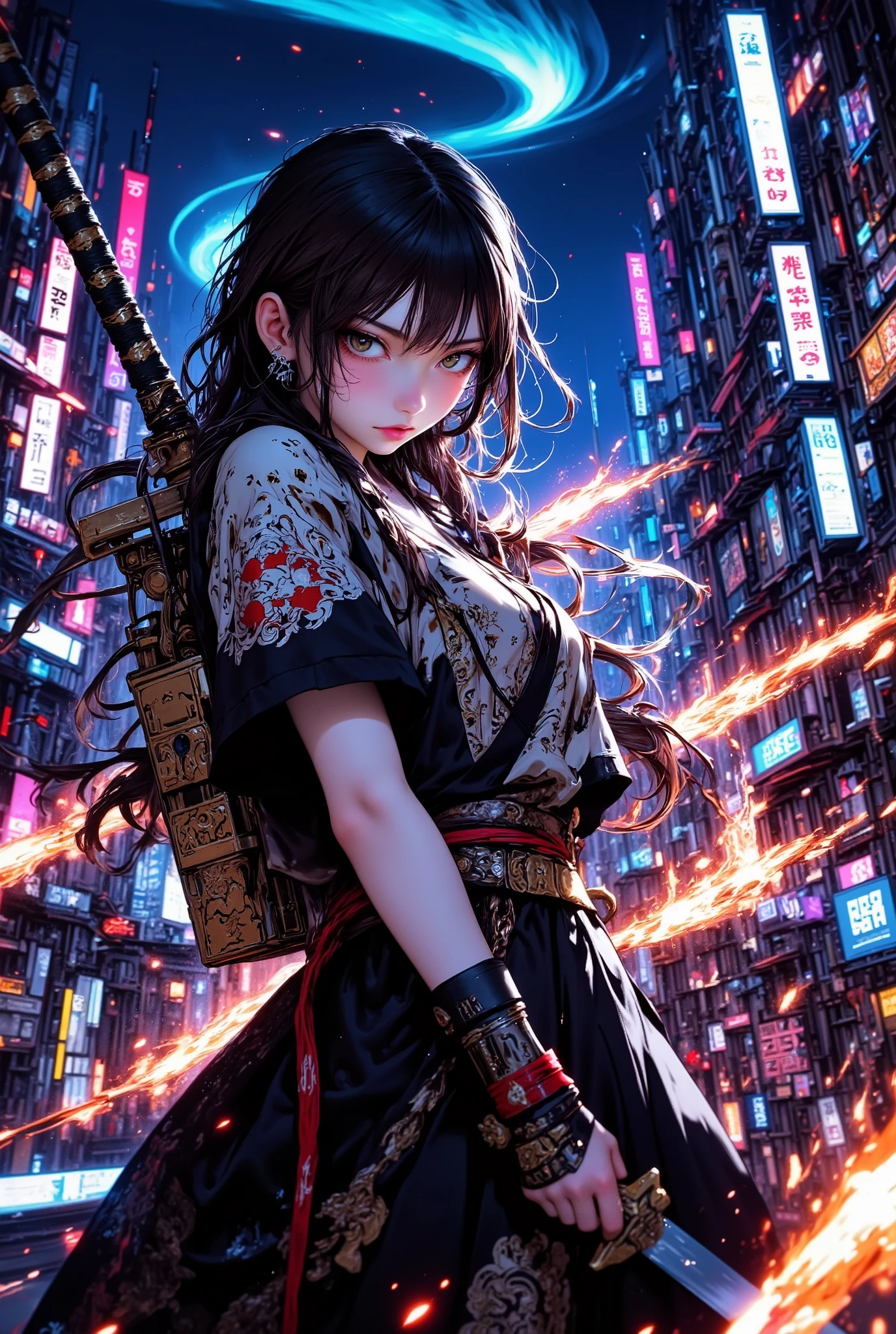 1 Woman, Future cityscape at night, Woman in a hakama with flowing black hair, (((dynamic poses wielding a beautiful sword, splashes of water))), gives an impression of movement and elegance, makes a sense of fluidity and strength, kata211, High Definition, masterpiece, Accurate, top quality, High Definition model, high detail, beautiful detailed, high resolution, 32K, realistic rendering, (Masterpiece, Hi-res: 1. 2), ultra-realistic details, anatomically accurate, beautiful japanese woman, pale silver low ponytail hair, Full body, Perfect white skin, ideal body shape, perfect skin, Detailed thighs, belly button, (((Beautiful Detailed Face))), (((Precise and impressive eyes))), Refined Textured, gentle face, Graceful Posture, cinematic light, bright color, dramatic lighting, Detailed lighting, Detailed Texture, Cyberpunk, Futuristic landscape, auralora, bailing fire, ARW, ArsMJStyle, aidmafluxpro1.1, G0thicL1nes, midjourney whisper innocent eyes, Digital illustration, 3d rendering, niji flux2,