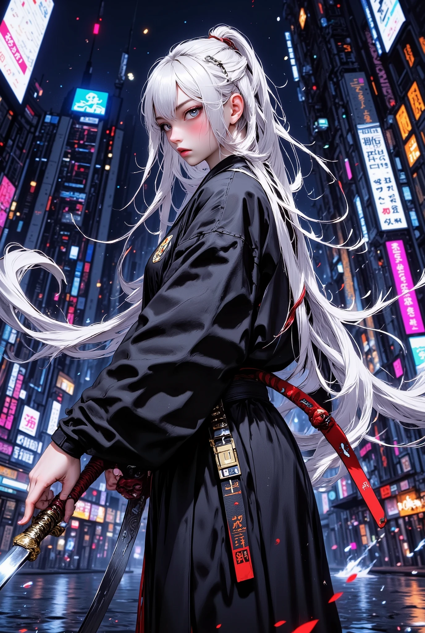 1 Woman, Future cityscape at night, Woman in a hakama with flowing black hair, (((dynamic poses wielding a beautiful sword, splashes of water))), gives an impression of movement and elegance, makes a sense of fluidity and strength, kata211, High Definition, masterpiece, Accurate, top quality, High Definition model, high detail, beautiful detailed, high resolution, 32K, realistic rendering, (Masterpiece, Hi-res: 1. 2), ultra-realistic details, anatomically accurate, beautiful japanese woman, pale silver low ponytail hair, Full body, Perfect white skin, ideal body shape, perfect skin, Detailed thighs, belly button, (((Beautiful Detailed Face))), (((Precise and impressive eyes))), Refined Textured, gentle face, Graceful Posture, cinematic light, bright color, dramatic lighting, Detailed lighting, Detailed Texture, Cyberpunk, Futuristic landscape, auralora, bailing fire, ARW, ArsMJStyle, aidmafluxpro1.1, G0thicL1nes, midjourney whisper innocent eyes, Digital illustration, 3d rendering, niji flux2,