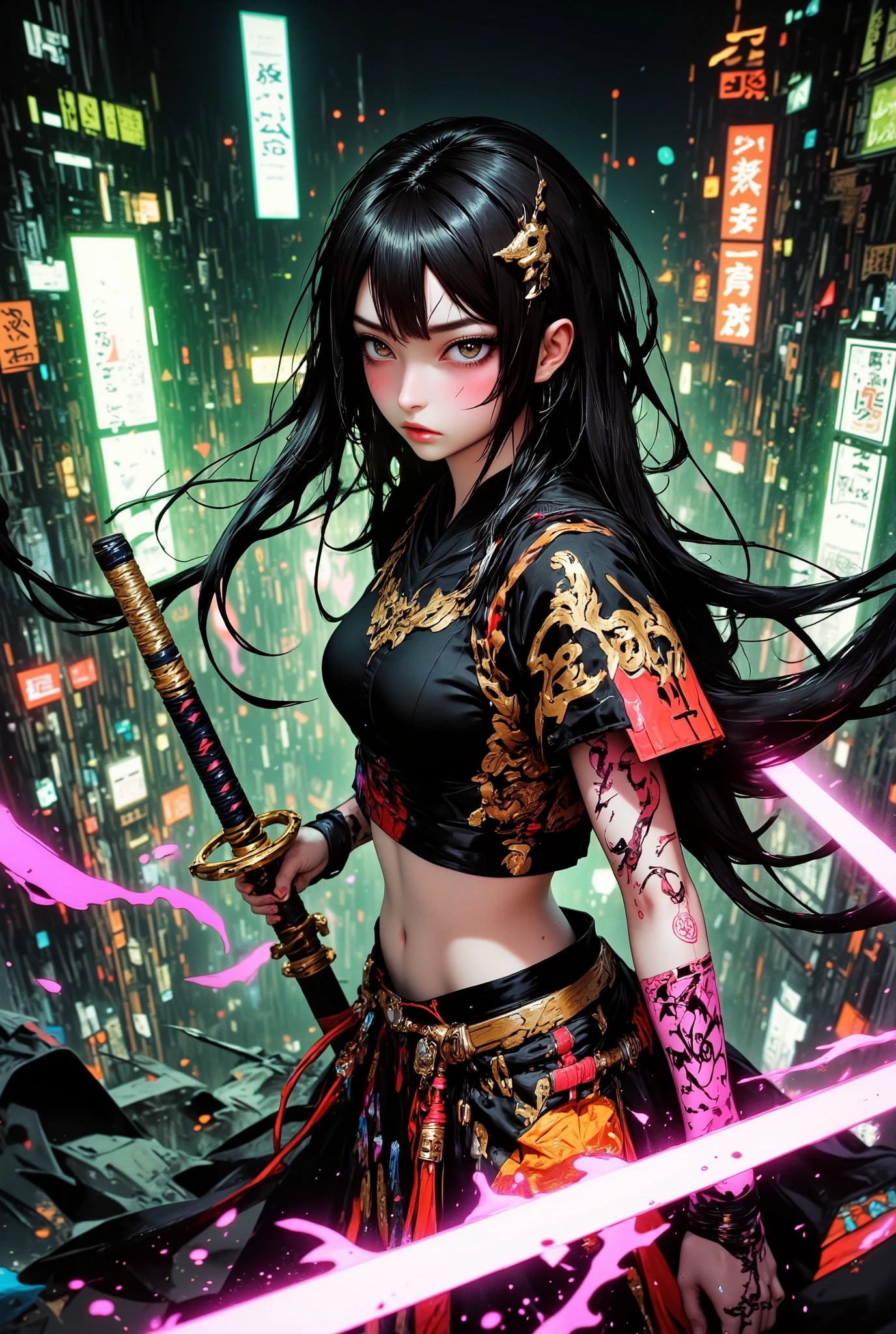 1 Woman, Future cityscape at night, Woman in a hakama with flowing black hair, (((dynamic poses wielding a beautiful sword, splashes of water))), gives an impression of movement and elegance, (((makes a sense of fluidity and strength))), kata211, High Definition, masterpiece, Accurate, top quality, High Definition model, high detail, beautiful detailed, high resolution, 32K, realistic rendering, (Masterpiece, Hi-res: 1. 2), ultra-realistic details, anatomically accurate, beautiful japanese woman, pale silver low ponytail hair, Full body, Perfect white skin, ideal body shape, perfect skin, Detailed thighs, belly button, (((Beautiful Detailed Face))), (((Precise and impressive eyes))), neon body paint, brightly colored wear, psychedelic designs, neon green, orange, purple, Refined Textured, Graceful Posture, cinematic light, bright color, dramatic lighting, Detailed lighting, Detailed Texture, Cyberpunk, Futuristic landscape, auralora, bailing fire, ARW, ArsMJStyle, aidmafluxpro1.1, G0thicL1nes, midjourney whisper innocent eyes, Digital illustration, 3d rendering, niji flux2,
