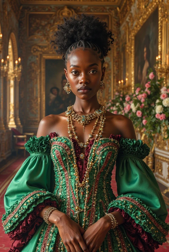 Black woman wearing strong green Regency Dress with emerald stones, very bright and fabulous